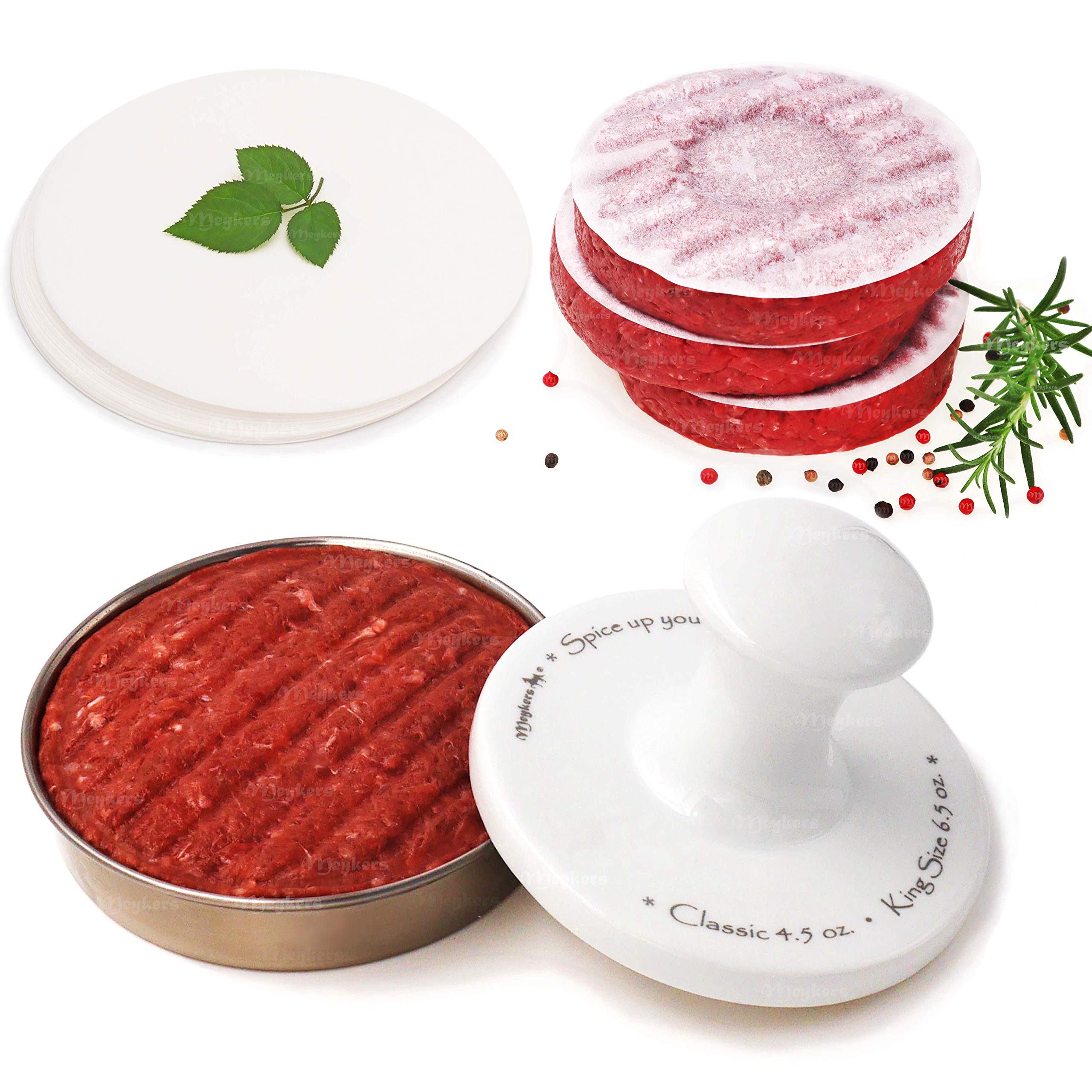 Meykers Burger Press 5 Hamburger Press Patty Maker | Patty Press Burger Mold Ring | with 100 Patty Papers | Porcelain Smasher St