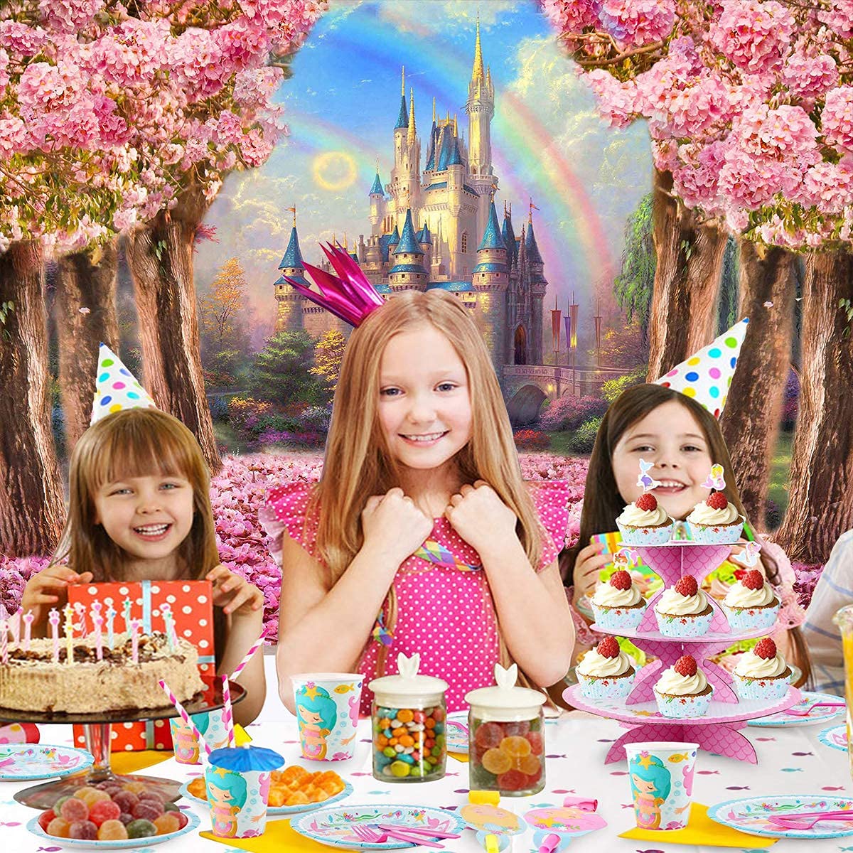 Dreamy Castle Backdrop 8X6Ft Pink Sweet Sakura Flowers Tree Washable Polyester Photography Background Wedding Birthday Party Pho