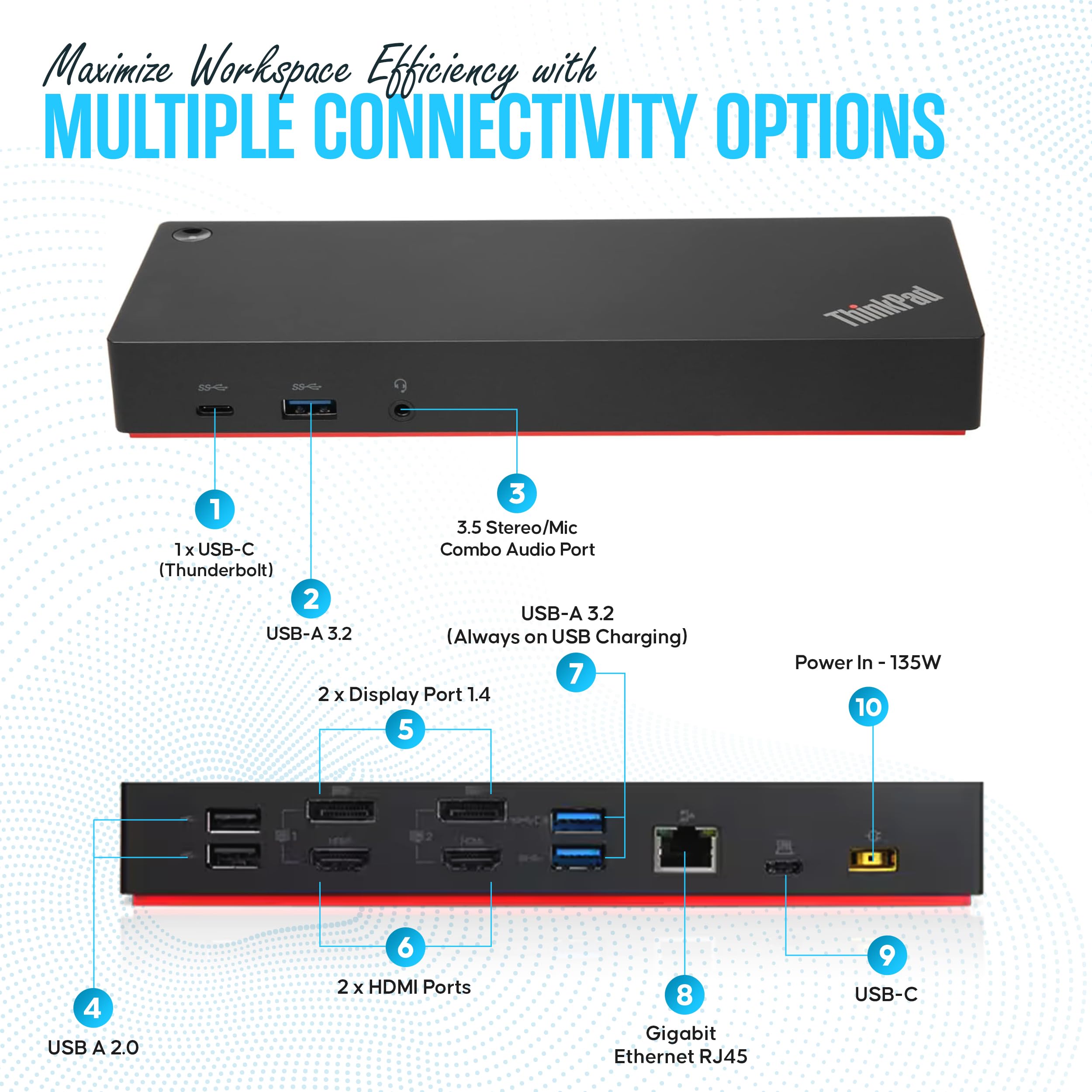40Af0135Us Lenovo Docking Station Hybrid Usb C With Usb A   1 Year Warranty   Lenovo Thinkpad Dock Usb C With 135W Ac Adapter, H