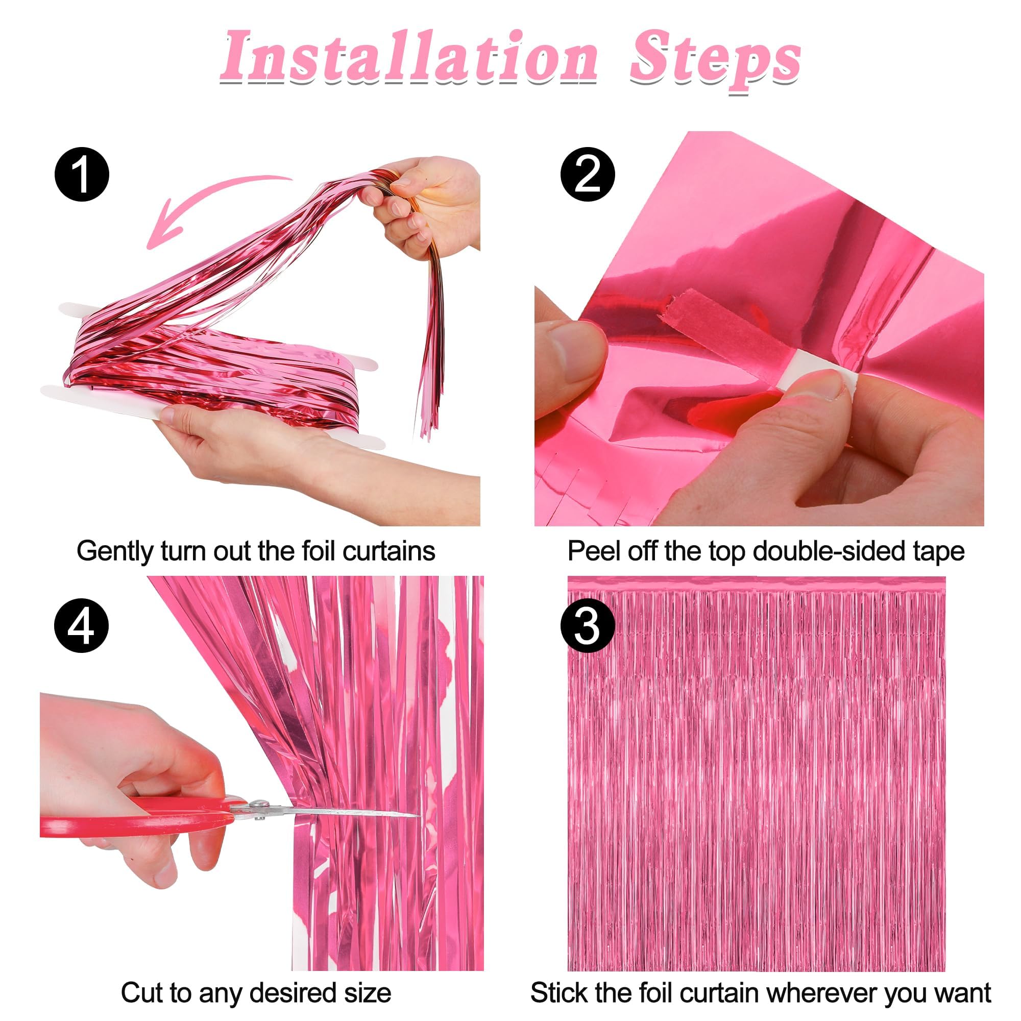 Zataye 12 Pack Pink Backdrop, 3.28 Ft X 7.05 Ft Foil Fringe Curtains, Metallic Pink Tinsel Curtain Party Streamer Birthday Backd