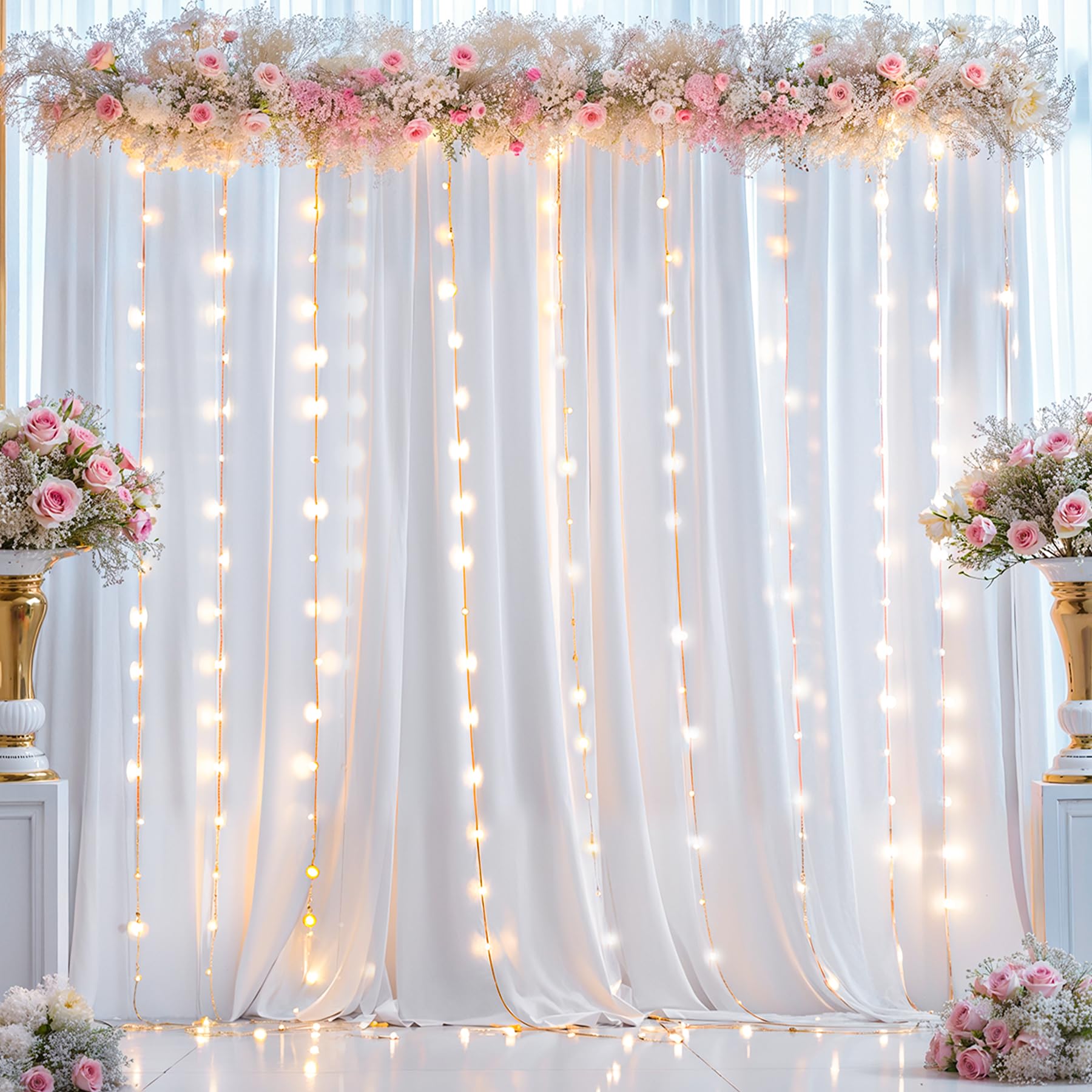 10X10Ft White Backdrop Curtains With Lights String For Wedding Parties, Wrinkle Free Curtains Backdrop For Birthday Party, Photo
