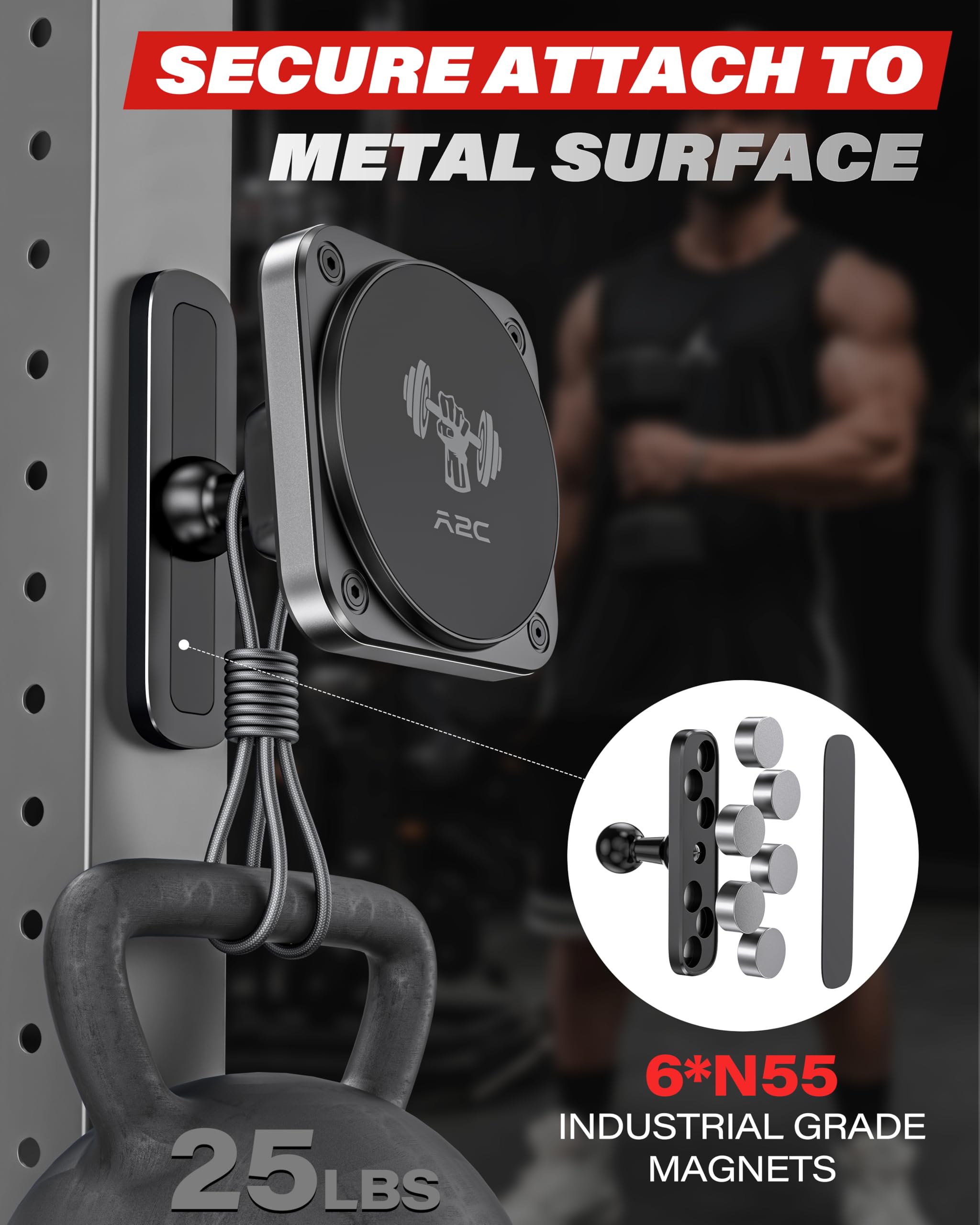 A2C Magnetic Phone Holder For Gym - Aluminum Alloy Base Attach To Metal Surfaces, Gym Phone Mount For Magsafe Iphone 12-16 Serie