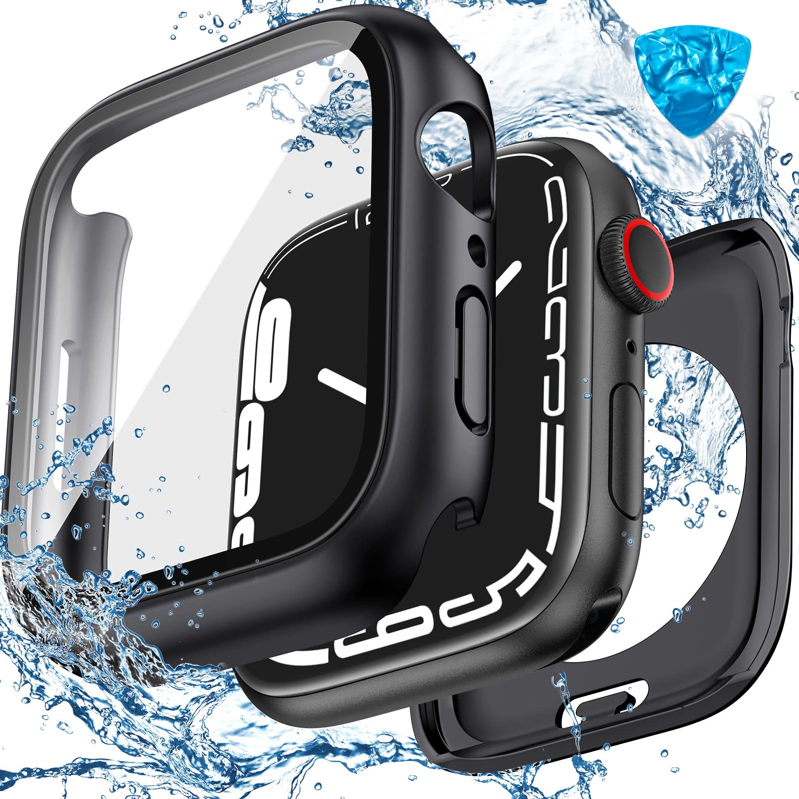 3 in 1 Goton Waterproof Hard Case for Apple Watch Screen Protector 44mm, 360 Slim Full Protective Tempered Glass Face Cover + Ba