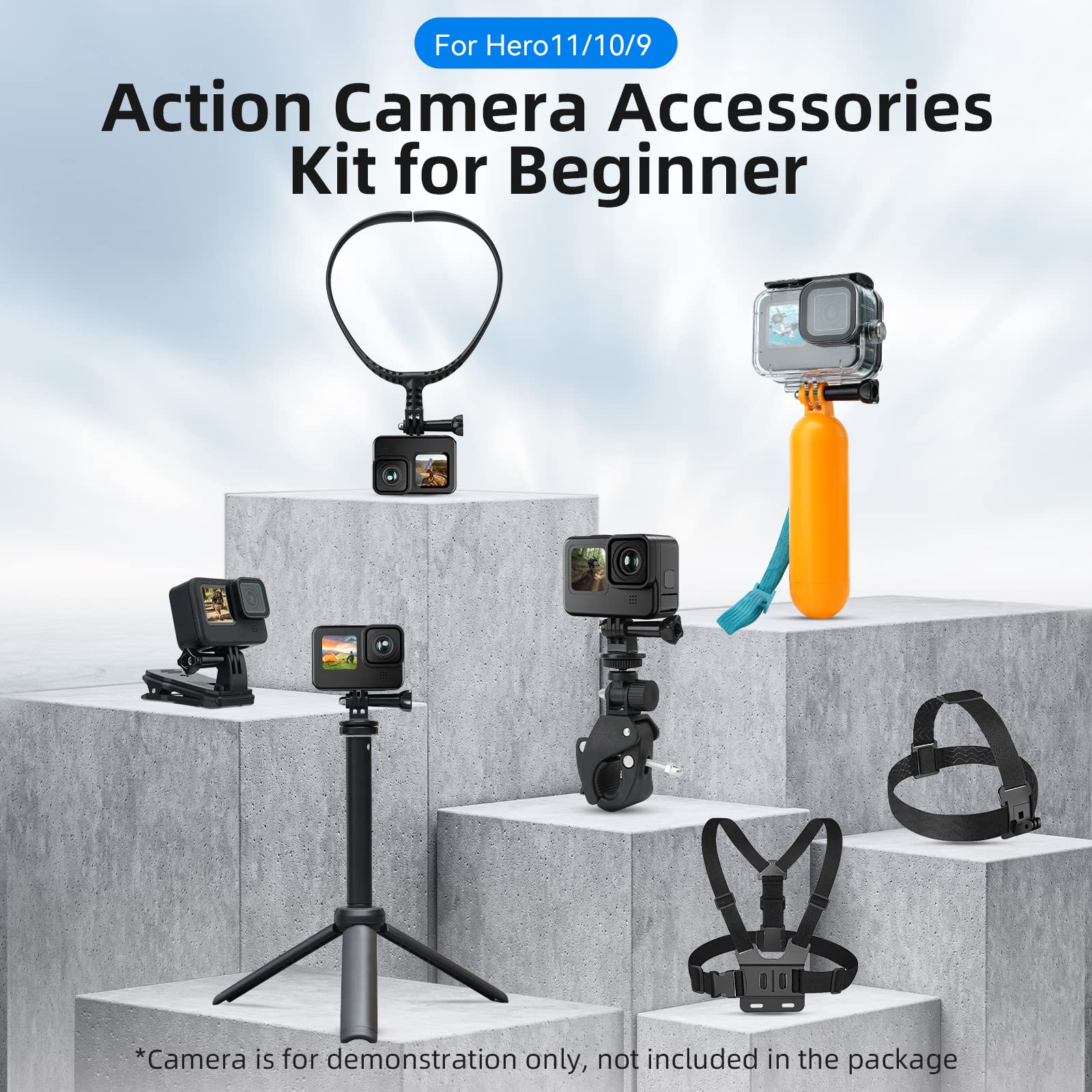 Action Camera Accessories Kit W/Waterproof Case For Gopro, Neck Mount+Selfie Stick+Bike Mount For Gopro Hero 11 10 9 8 7 6 5 4 G