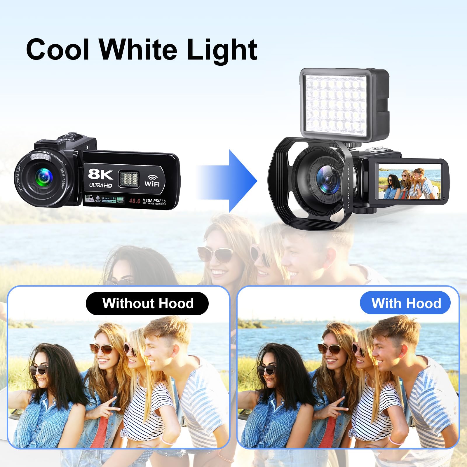 Ourlife 8K Video Camera Camcorder, Uhd Digital Camcorder 8K/15Fps 4K/60Fps 5K 6K/30Fps Adjustable, 3 Touch Screen 18X, 64Mp Phot