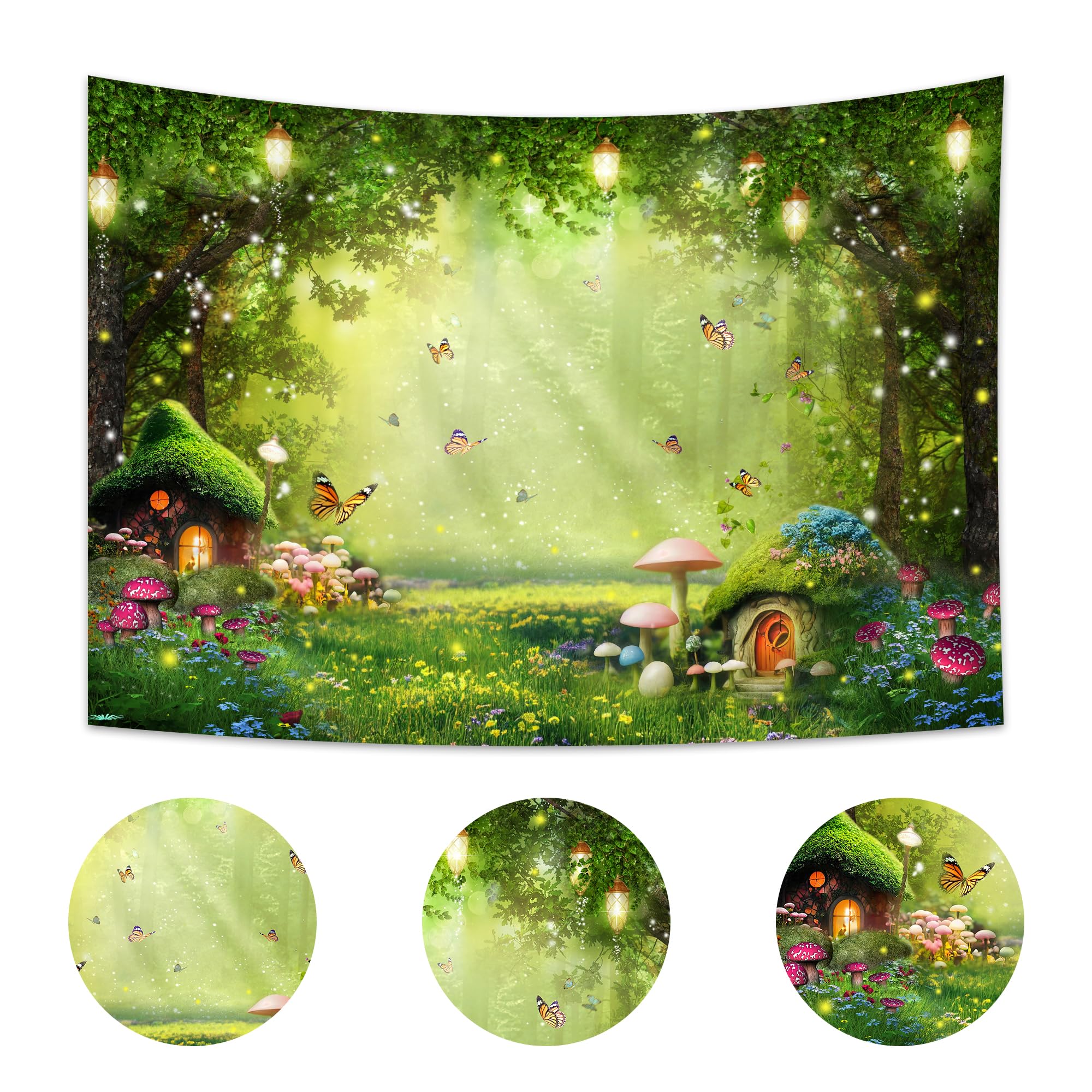 Imirell Enchanted Backdrop 7Wx5H Feet Fairy Tale Wonderland Mushroom Greenery Woodland Butterfly Flower Polyester Fabric Spring