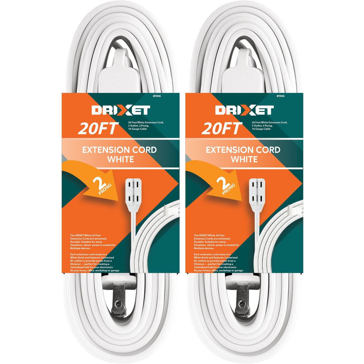 20 Feet White Extension Cord, 3 Outlet, 2 Prong, 16 Gauge Cable, 3 Receptacle Cube Tap, Indoor Use (Pack Of 2)   By Revpex