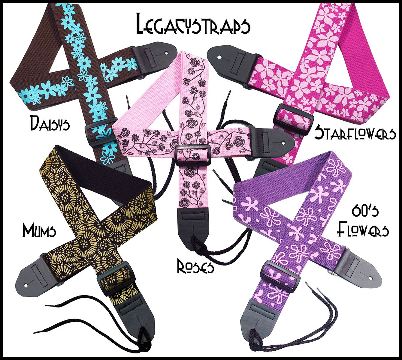 Legacystraps Girls Flower Guitar Strap   2'' Cotton With Hot Pink Daisy Flowers On Chocolate Daisy Collection Volume 2 Pinks