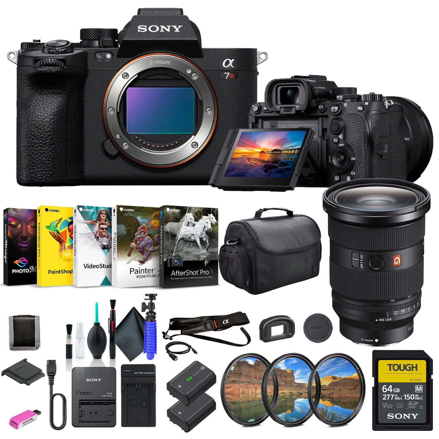 Sony a7R V Mirrorless Camera ILCE7RM5/B, Sony FE 24-70mm Lens SEL2470GM2, 64GB Memory Card, Filter Kit, Corel Photo Software, Ba