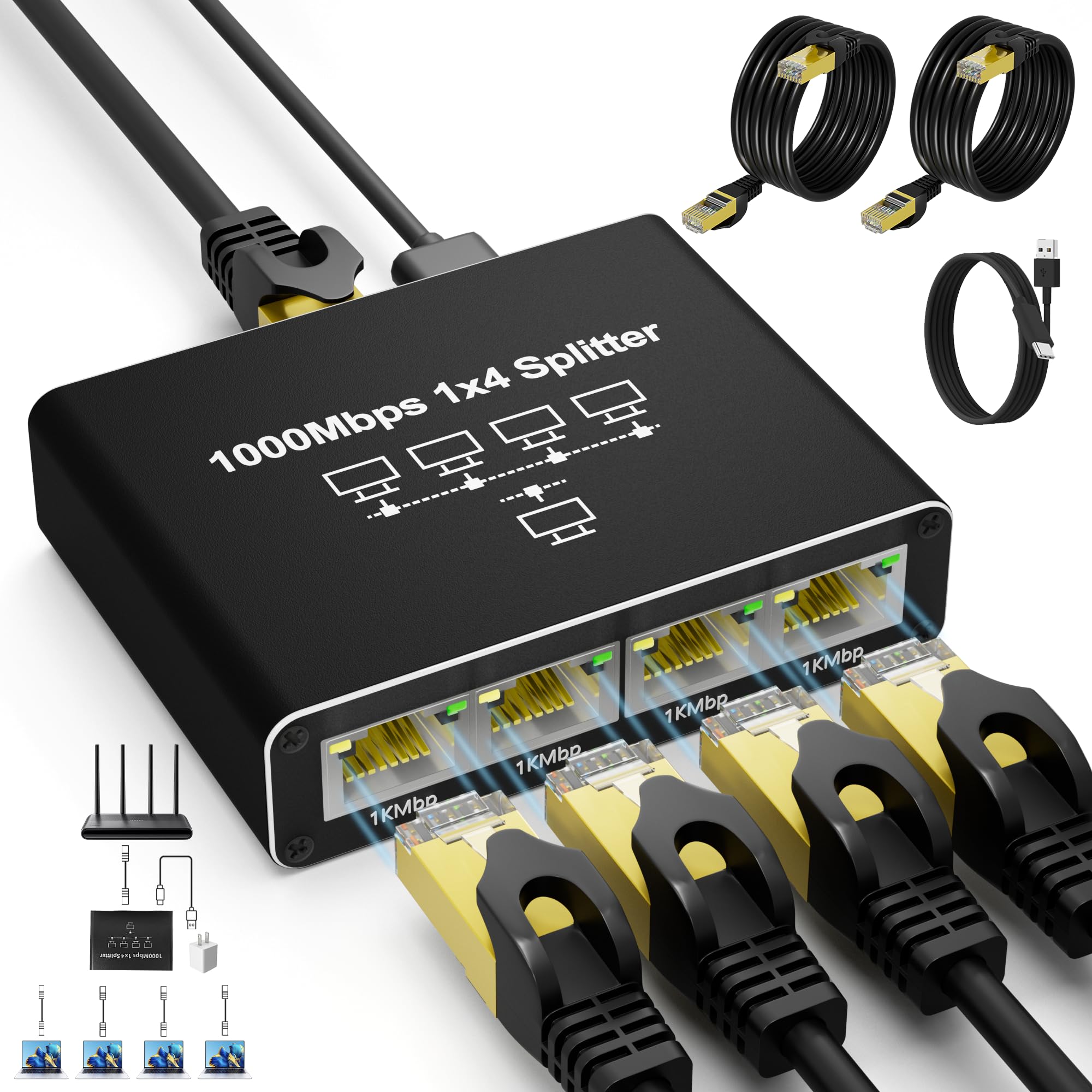 Ethernet Splitter 1 to 4, 1000Mbps RJ45 Splitter with Two 6.6ft Cat6 Cables