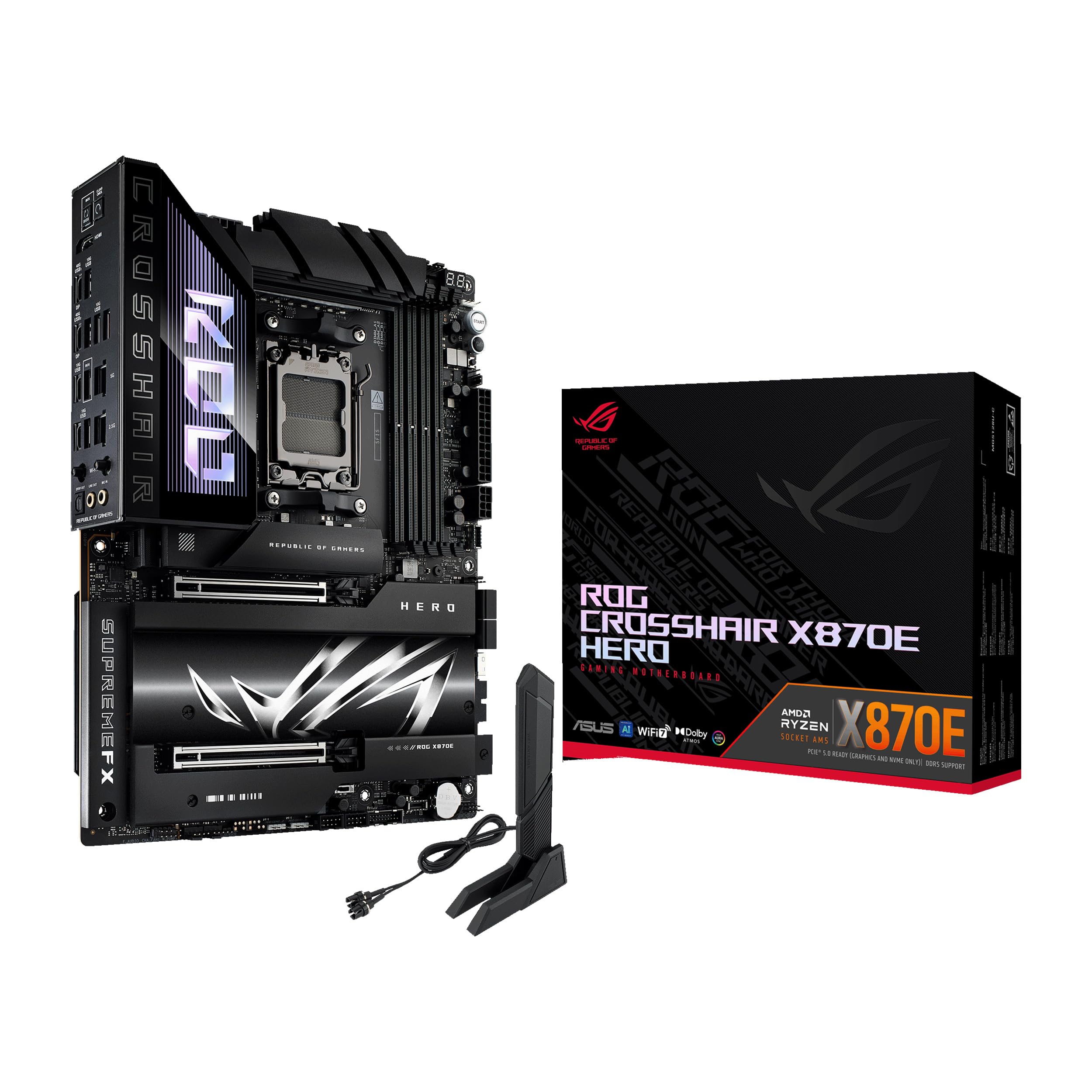 Asus Rog Crosshair X870E Hero Amd X870E Am5 Atx Motherboard, Advanced Ai Pc Ready, 18+2+2 Power Stages, Ddr5, Pcie 5.0, 5X M.2,