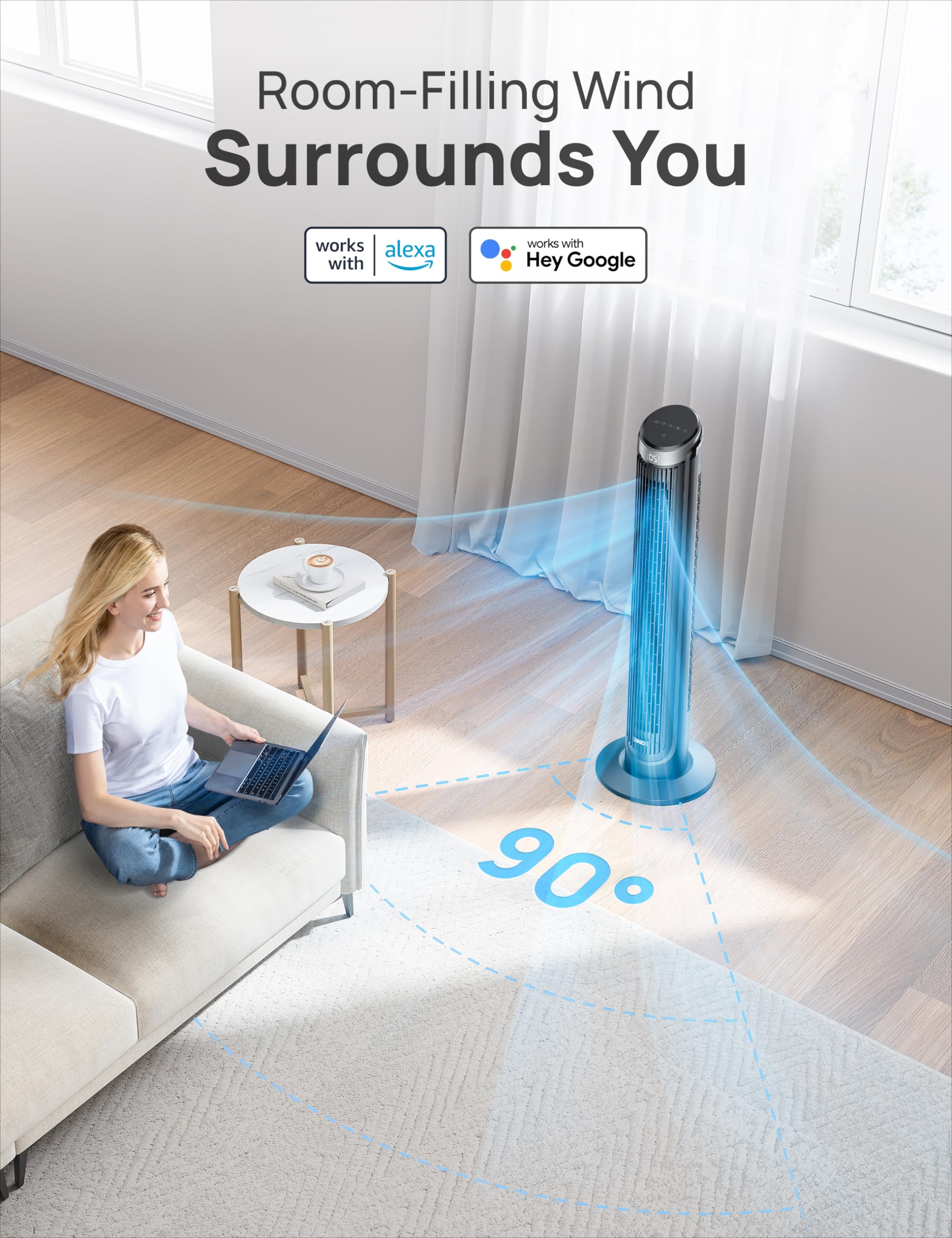 Dreo Smart Tower Fan For Bedroom, 26Ft/S High Speed 40' Standing Fan, 5 Speeds 4 Modes, Quiet 90� Bladeless Oscillating Fan With Remote, 12H Timer, Touch Control, Work With Alexa, Silver