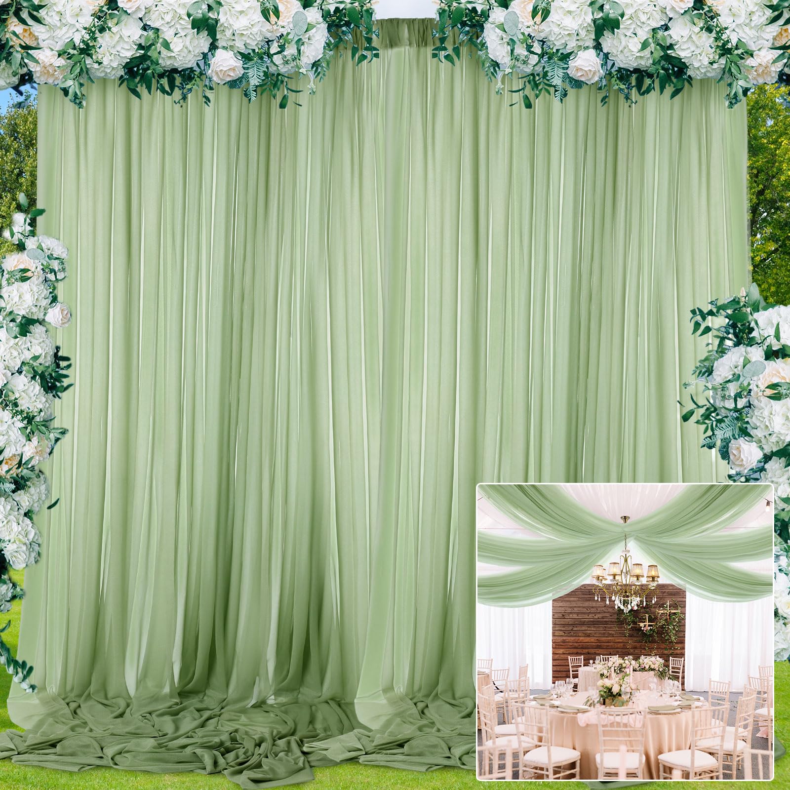 Bbto 6 Panels Sage Ceiling Drapes For Weddings 5 Ft X10 Ft Green Chiffon Curtain Wedding Ceiling Drapes Sheer Curtains Chiffon D