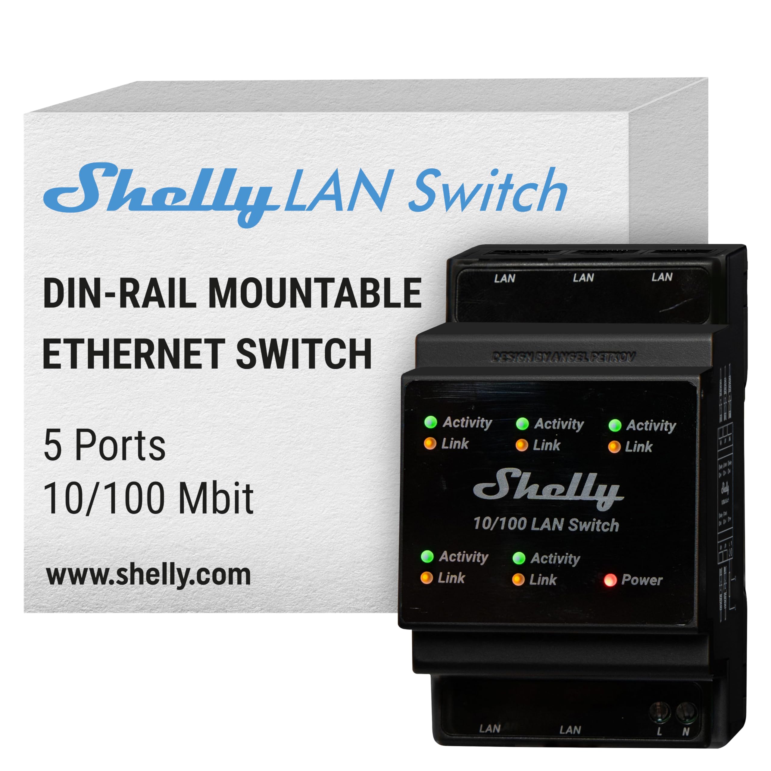 Shelly Lan Switch | 5 Port Rj45 10/100 Mbps Fast Ethernet Switch | Din Mountable | Fanless | Plug & Play | Energy Saving | Easy