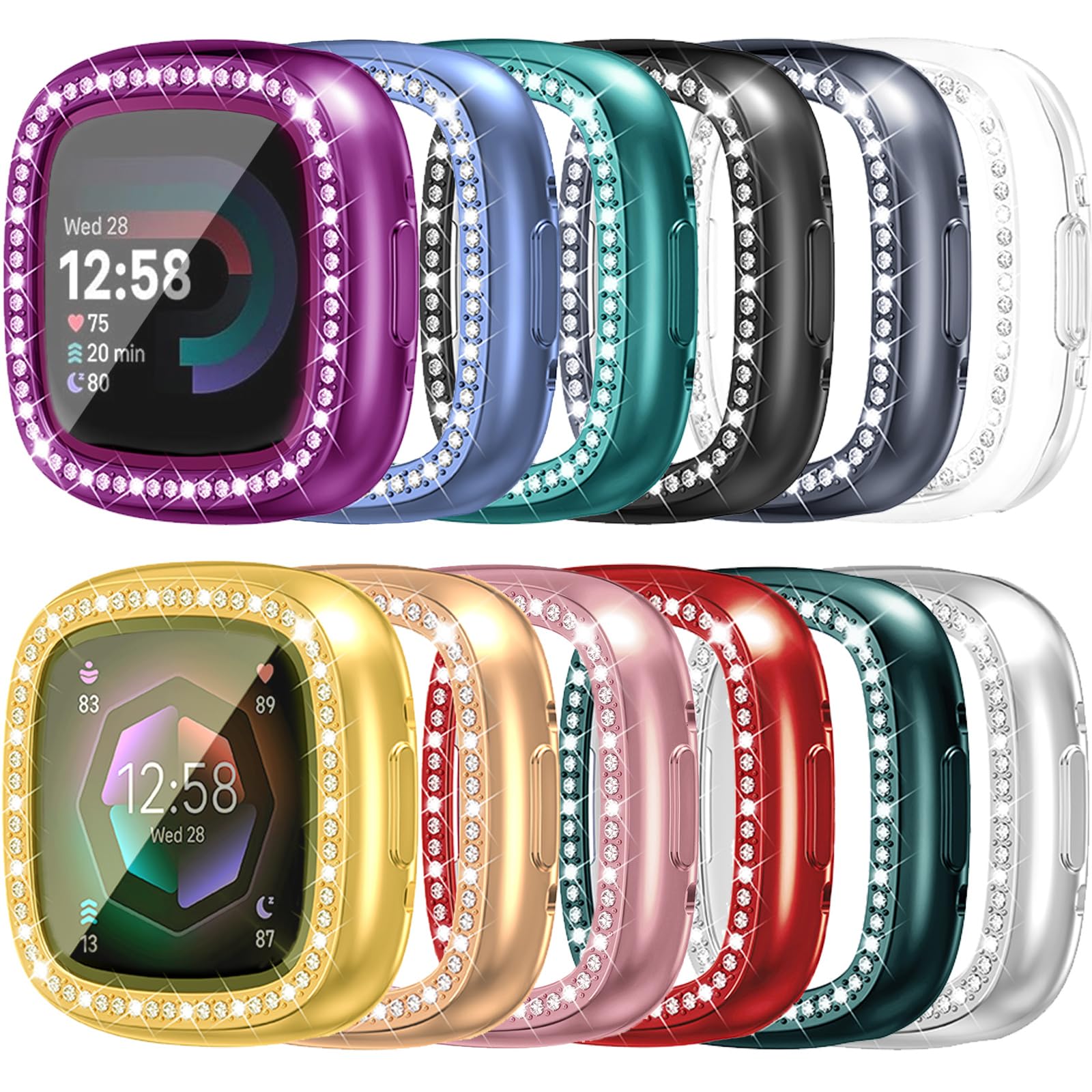 [12Pack] RICHONE Compatible with Fitbit Versa 4/Sense 2 Case with Screen Protector, Sparkly Rhinestones Soft TPU Full Protective
