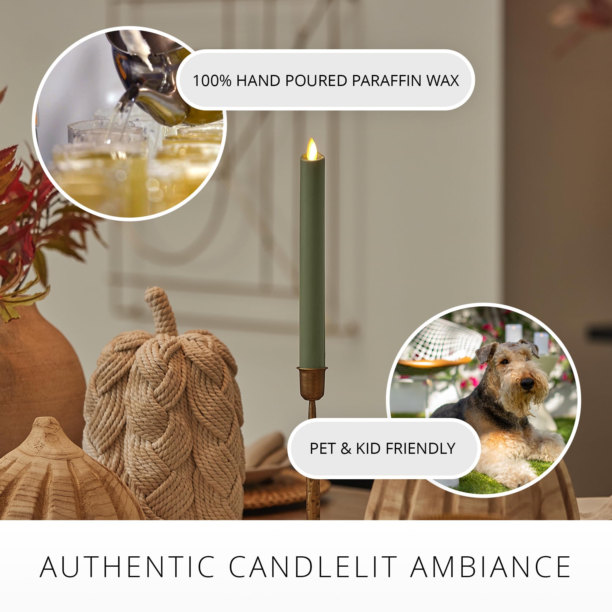 Luminara Flameless Candle Taper (1'' X 9.5'') Melted Top Real Wax Unscented Remote Ready Timer (Loden Green)