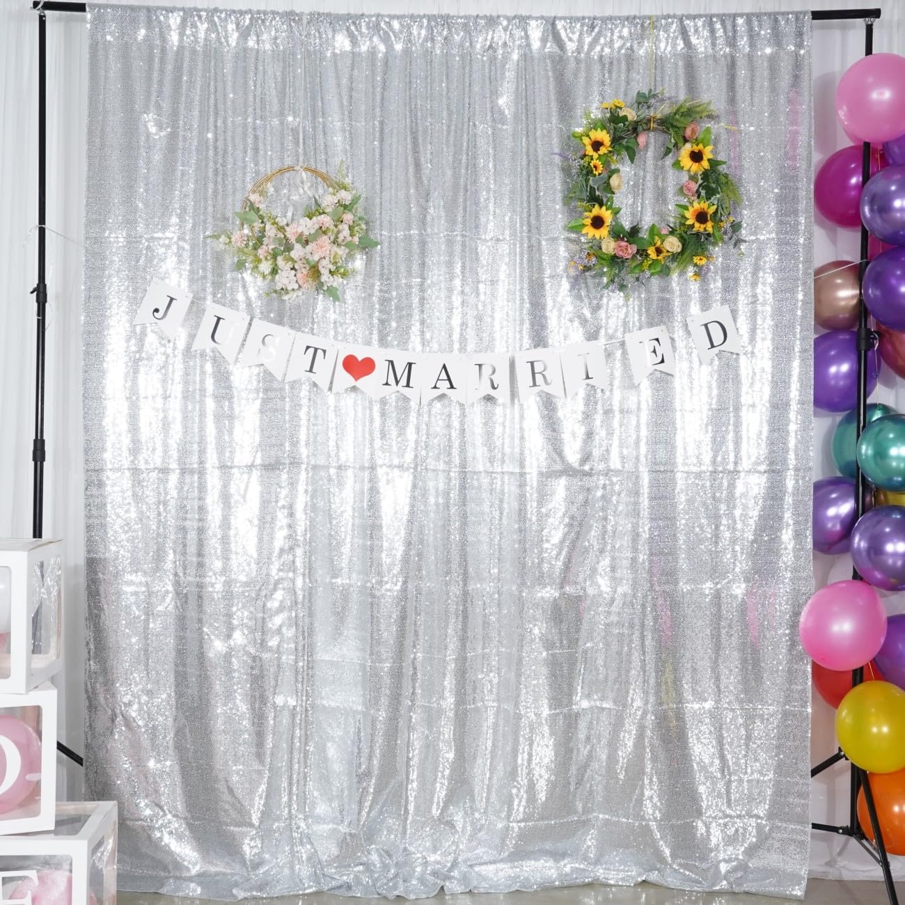 Poise3Ehome 6Ft X 8Ft Silver Sequin Backdrop Curtain, Glitter Thick Satin Background Drapes, Sparkly Opaque Photography Curtain,