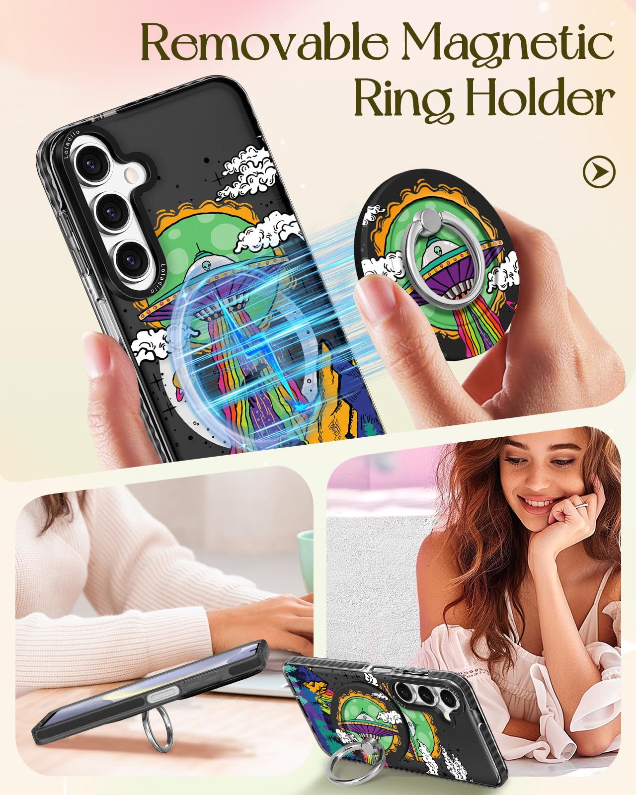 Lotadilo For Samsung Galaxy A15 5G Case For Women - Girls Cute Design Compatible With Magsafe Magnetic Ring Holder Stand Ufo Ali
