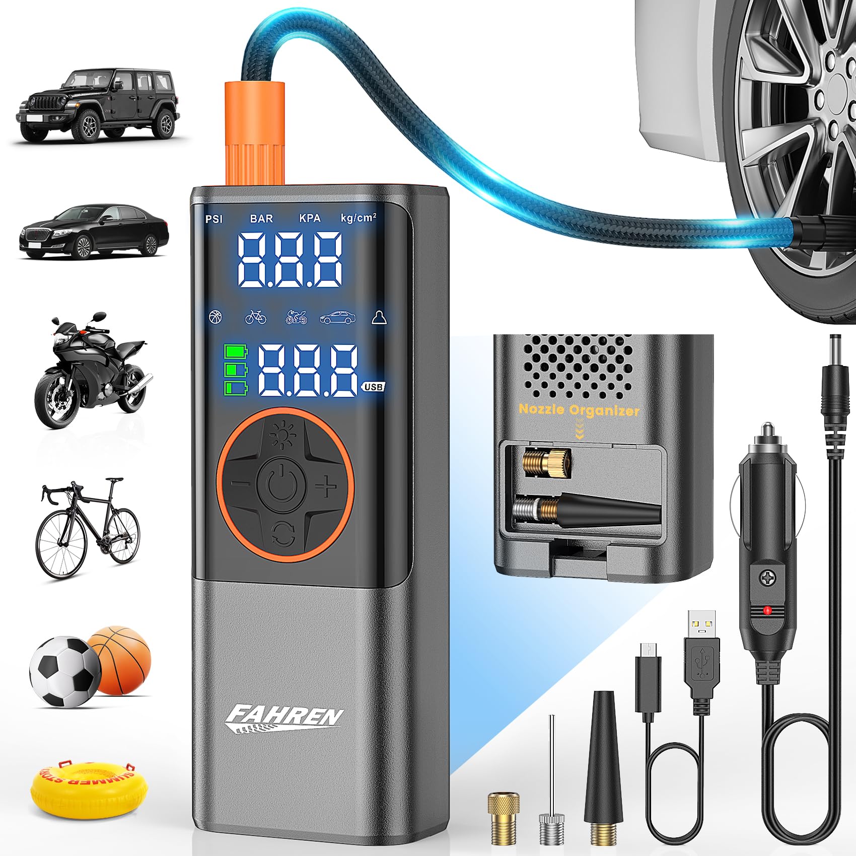 Fahren Portable Tire Inflator For Car, 150Psi Cordless Tire Inflator Portable Air Compressor, Rechargeable Digital Tire Inflator