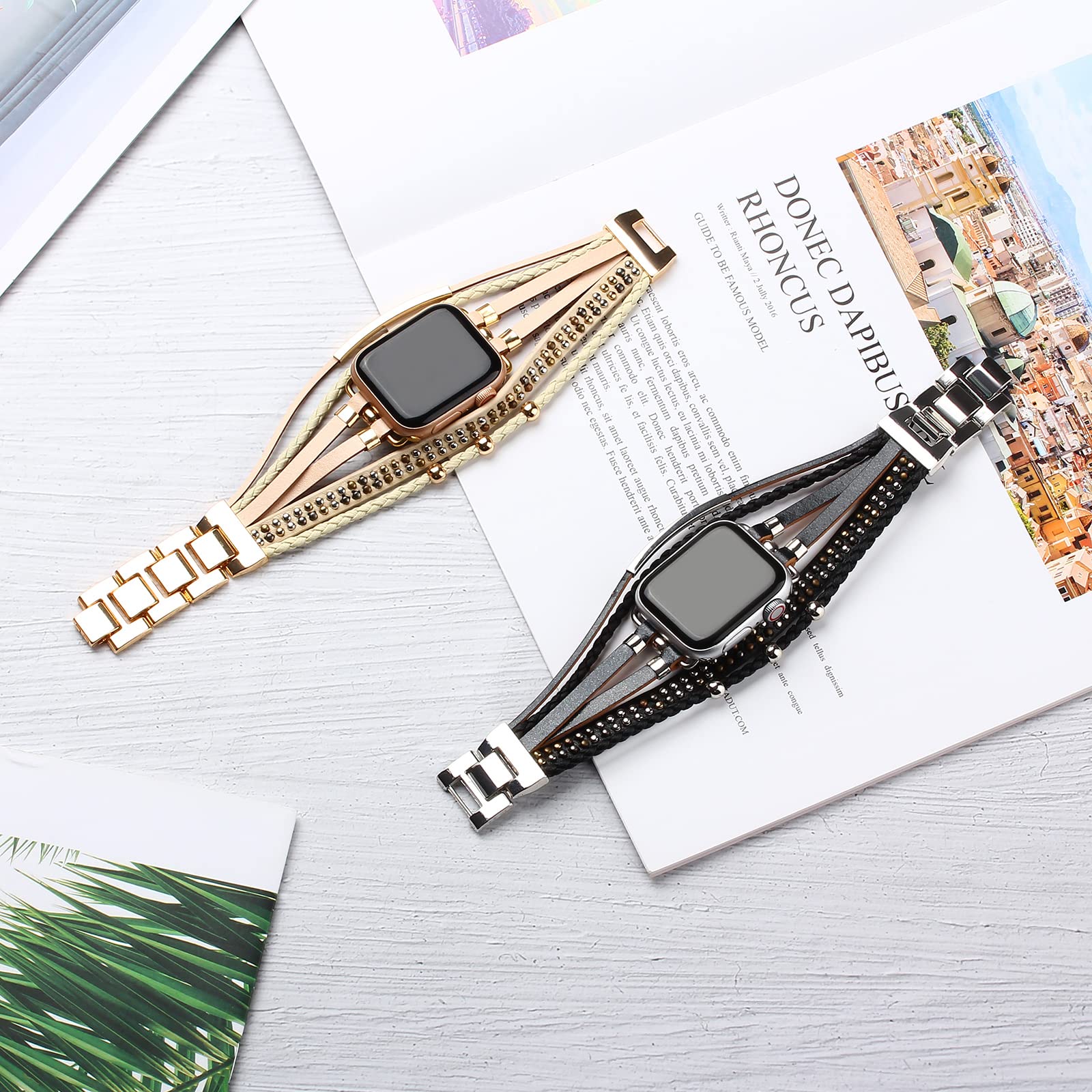 Wingoden Leather Bands Compatible With Apple Watch Band Bracelet 38Mm 40Mm 41Mm For Women Men, Boho Multilayer Wrap Rivet Studde