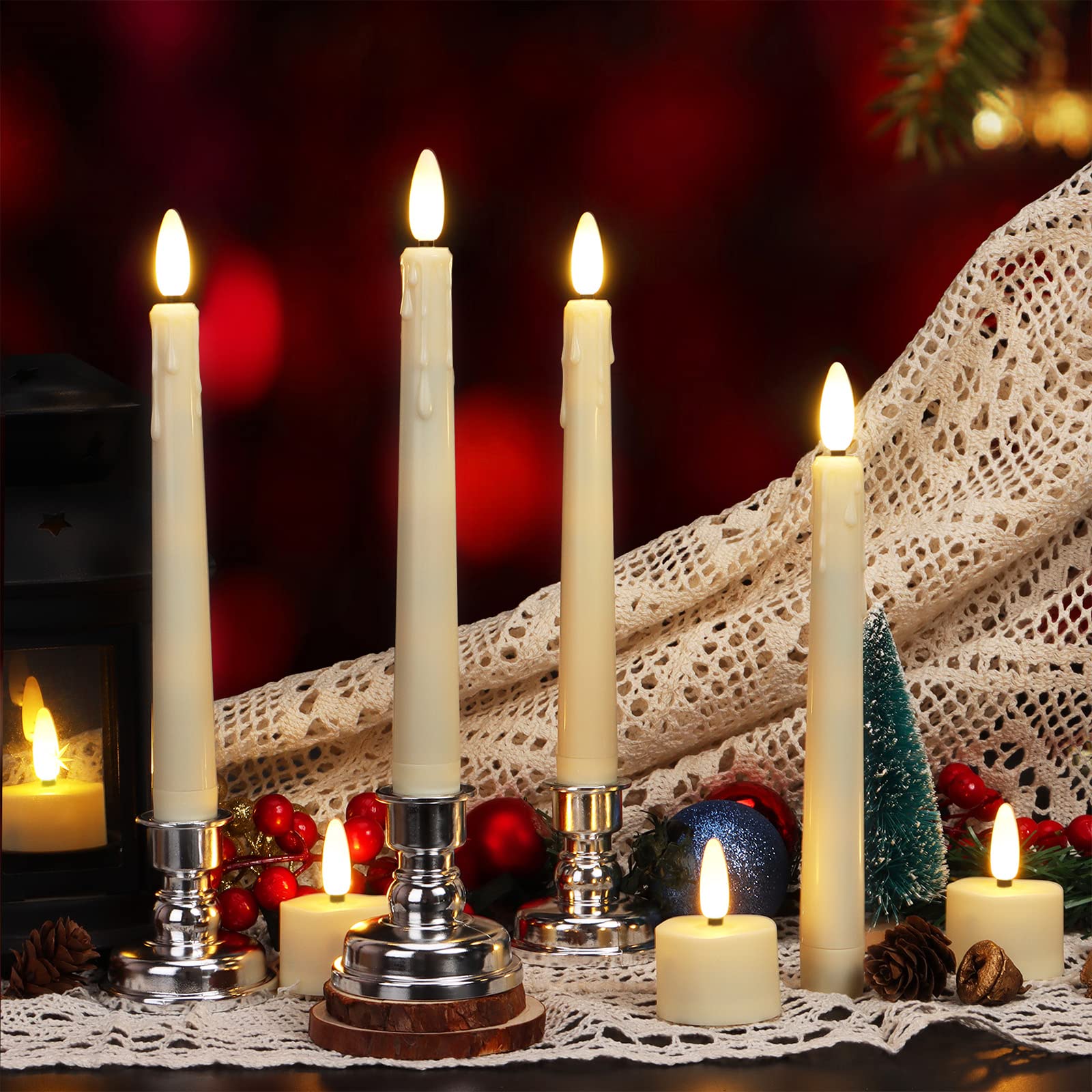 Flameless Led Taper Candles With Warm White Lights, 8 Inch Battery Operated Window Candles With Timer Remote, Flickering 3D Flam