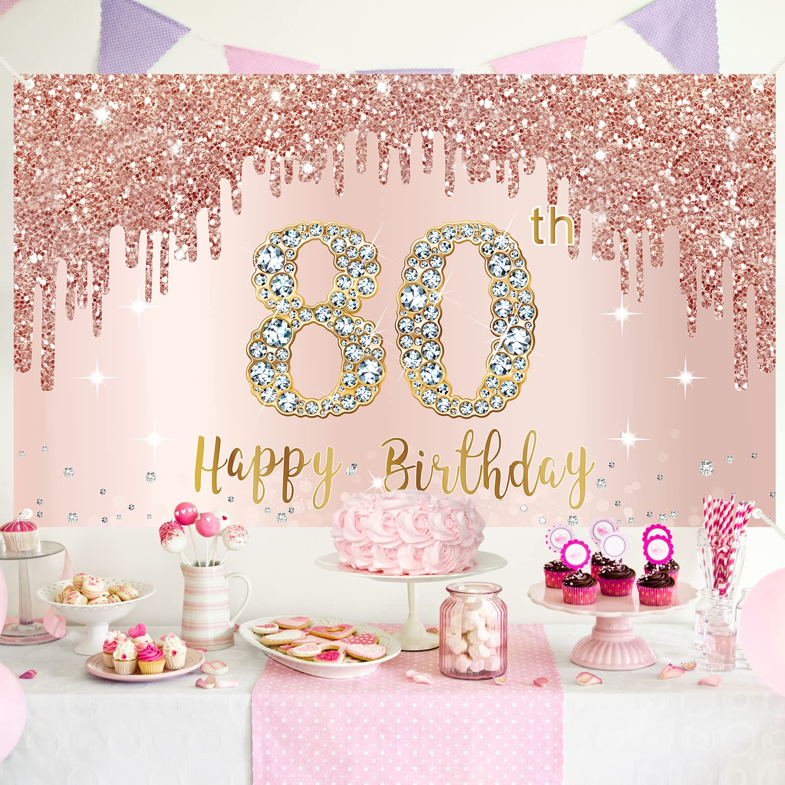 Happy 80Th Birthday Banner Backdrop Decorations For Women, Rose Gold 80 Birthday Party Sign Supplies, Pink 80 Year Old Birthday