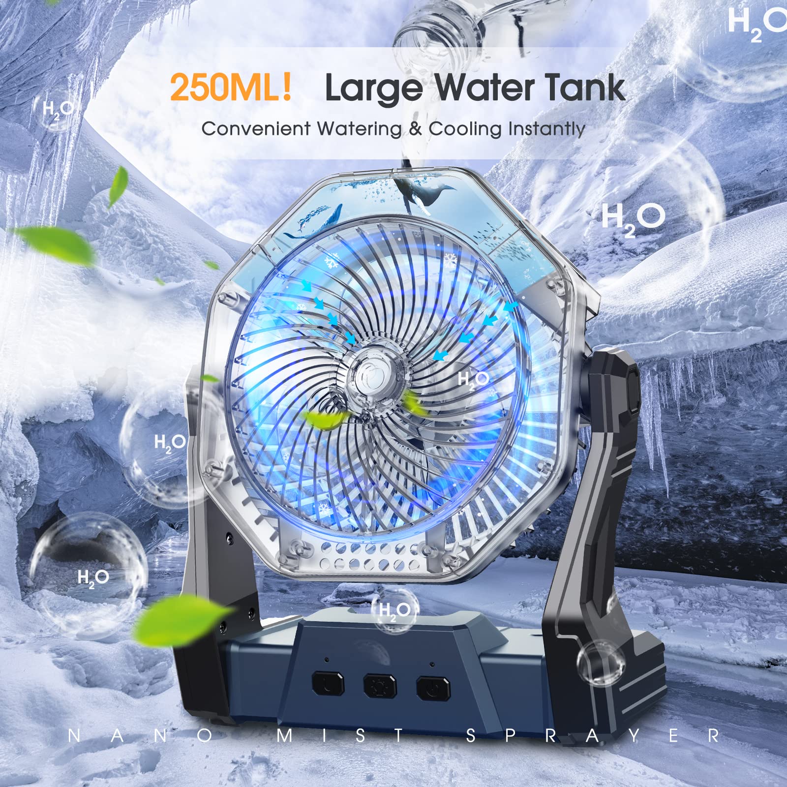 Ausic Misting Fan Portable, Camping Fan With Light & 250Ml Water Tank, 10000Mah 8 Inch Battery Operated Rechargeable Fan, Outdoo