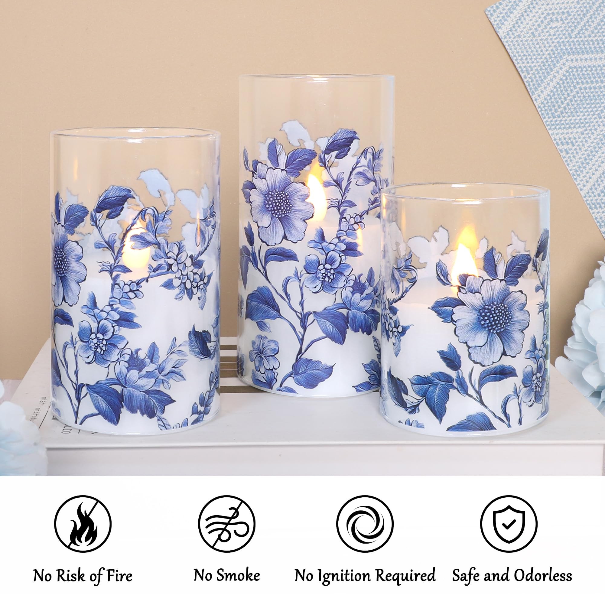 Flameless Candles Glass With Remote Control & Timer Function, Blue And White Porcelain Theme Design, Home Party Wedding Christma