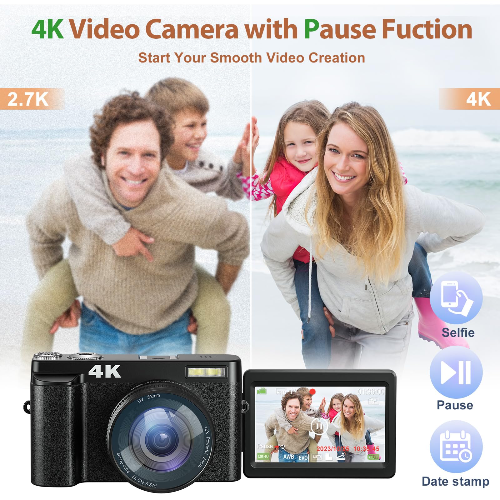 4K Digital Camera For Photography And Video, 48Mp Vlogging Camera With Sd Card Autofocus Anti Shake, 3'' 180 Flip Screen Digital