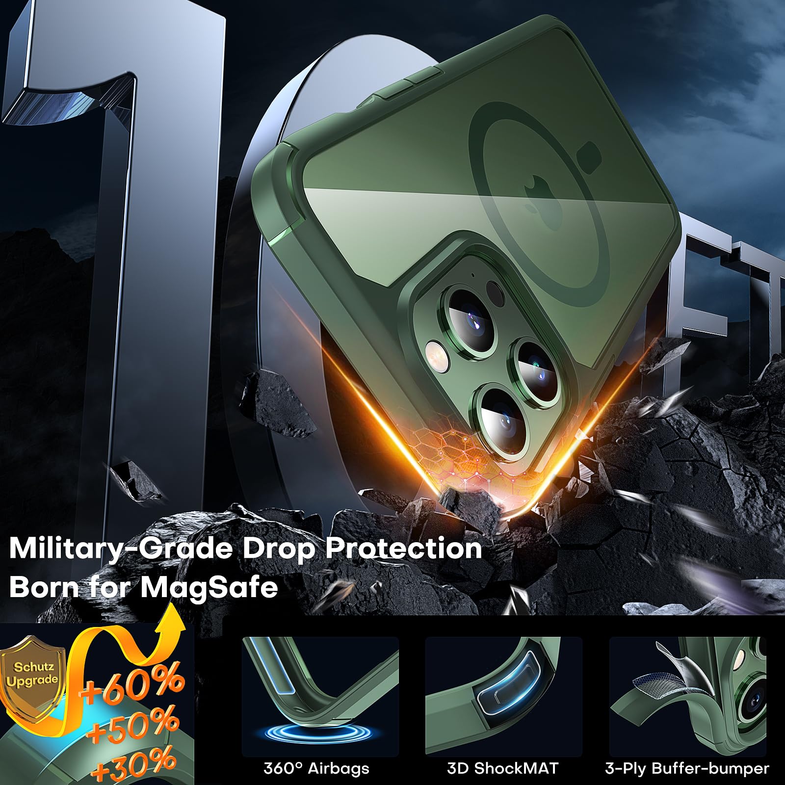 Tauri 5 In 1 Magnetic For Iphone 13 Pro Max Case Green, [Designed For Magsafe] With 2X Screen Protectors, [Not Yellowing] Shockp