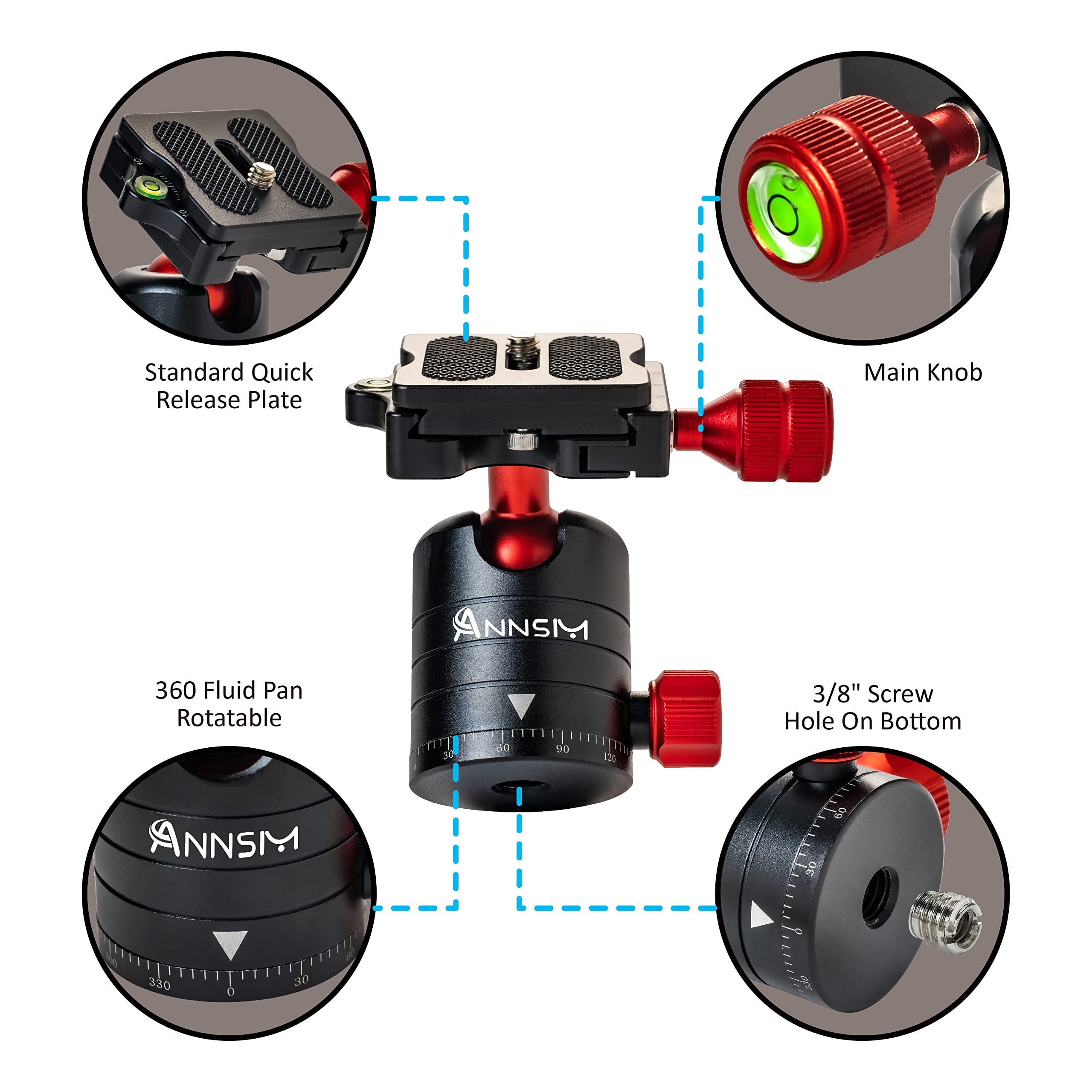 Annsm Professional Tripod Ball Head 24Mm 360 Degree Swivel Panoramic Head With 38Mm Width Quick Release Plate For Dslr Camera Slider Stabilizer Monopod