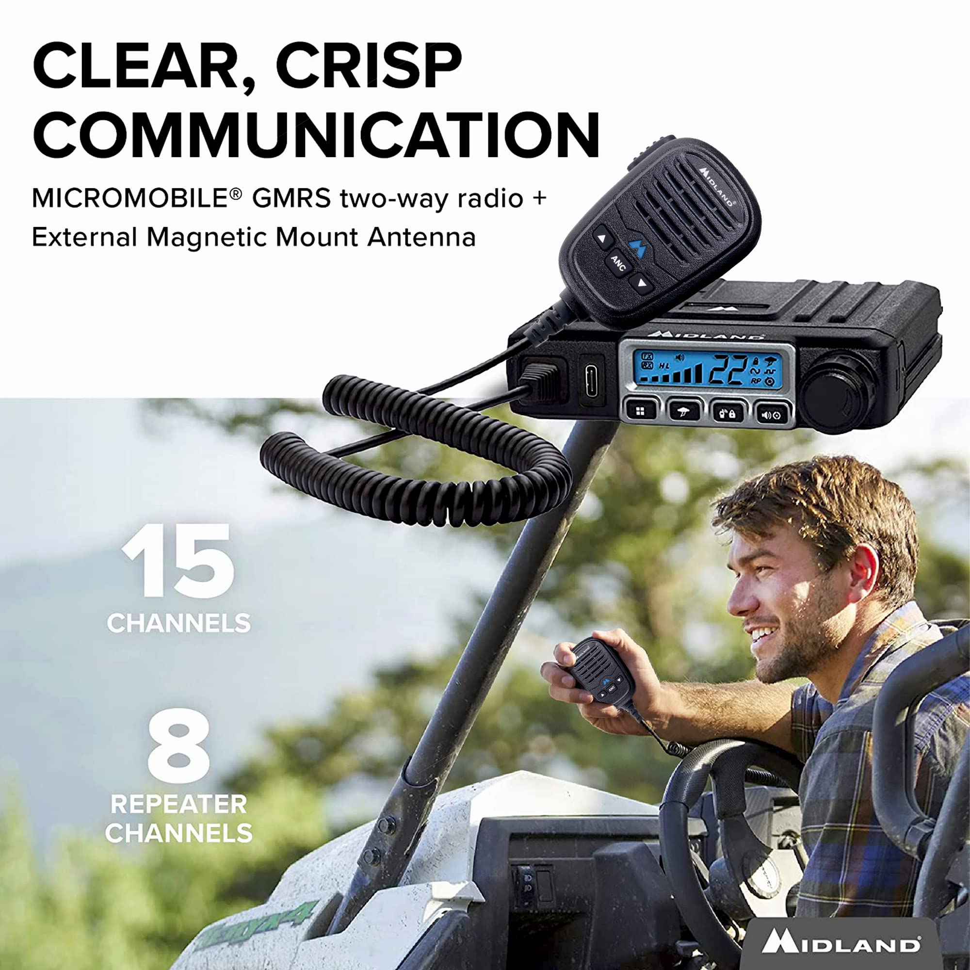 Midland � Mxt115   15 Watt Gmrs Micromobile Two Way Trails Radio   Off Roading Outdoor Rzr Farm   8 Repeater Channels Extended Range   External Magnetic Mount Antenna   Noaa Weather Alerts
