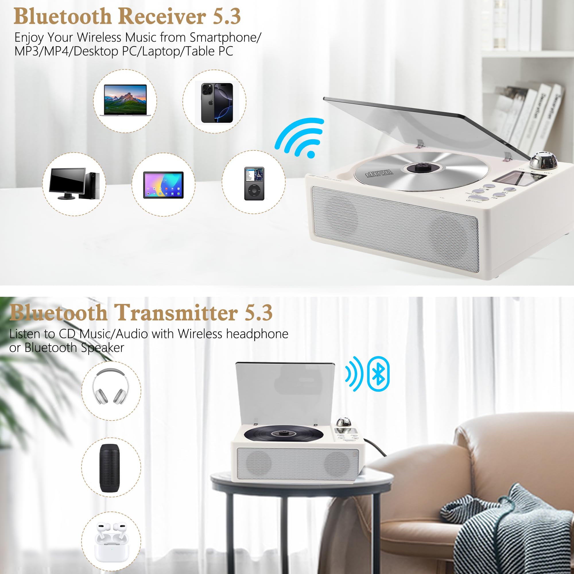 M-Amazup Cd Player Portable, Desktop Cd Players For Home With Cable And Adapter, Dual Speakers, Support Opt/Usb/Tf Card/Aux/Fm W