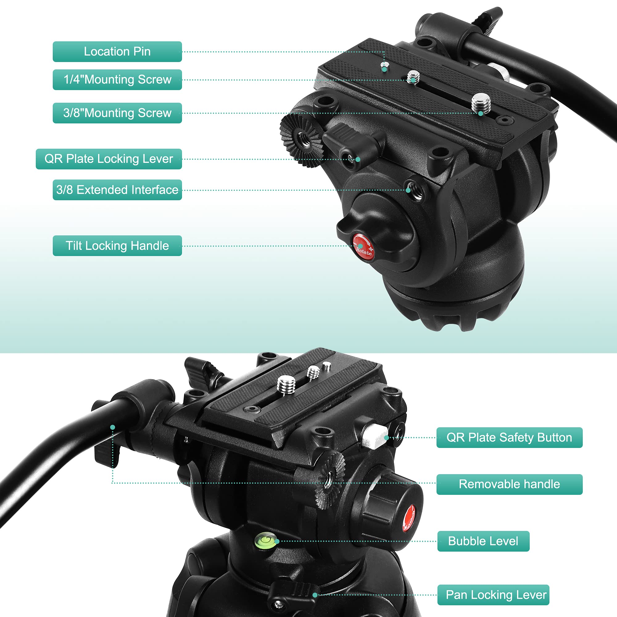 Yotilon Heavy Duty Tripod,70.8 Inch Professional Video Tripod With Fluid Head And Max Loading 17.6 Lb, Universal Qr Plate, For H