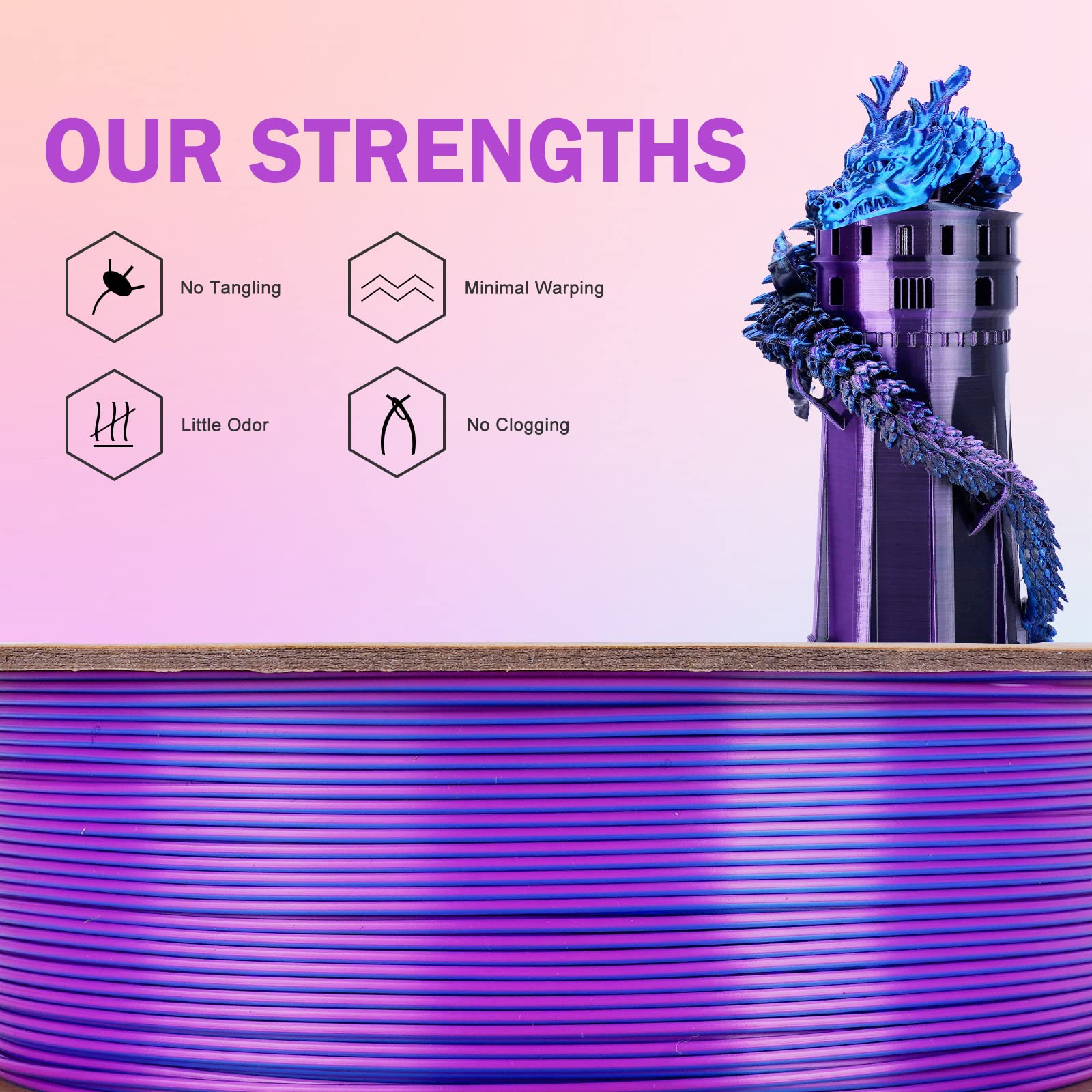 Eryone Silk Tri Color Coextrusion Pla Filament,3D Printer 1.75Mm,+/ 0.03Mm, Triple Color Filament 1Kg(2.2Lbs), Silk Blue Purple