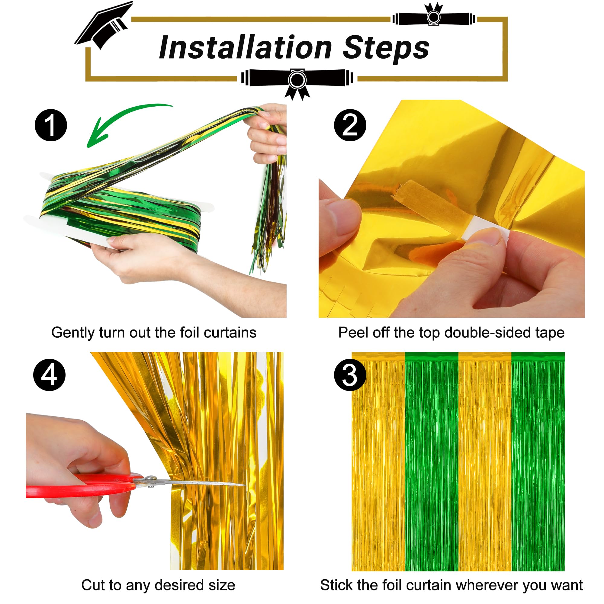 2 Pack Graduation Backdrop, 3.28 Ft X 7.05 Ft Grad Decor 2025, Green Gold Graduation Photo Backdrop Fringe Curtains Party Stream