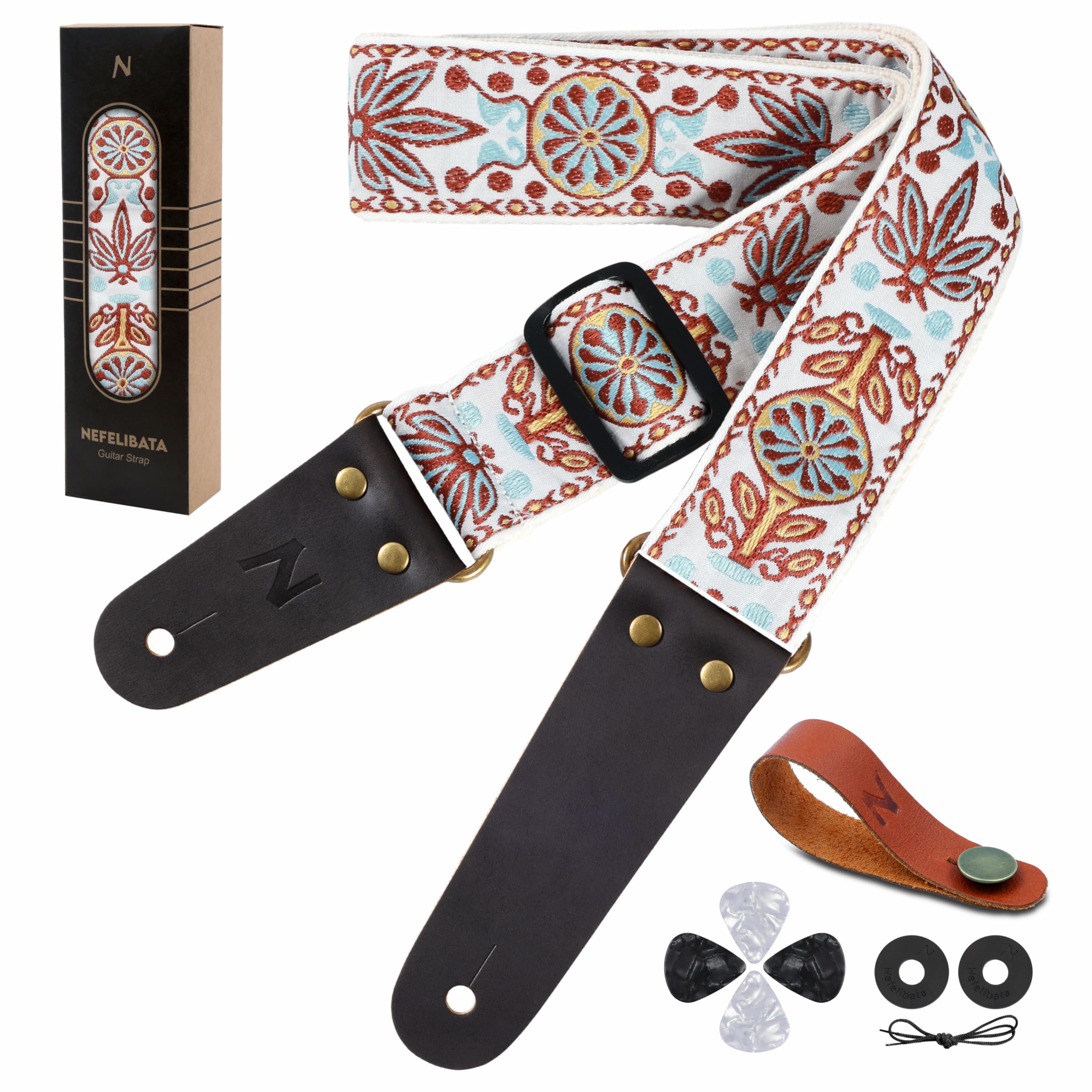 Nefelibata Guitar Strap   Vintage Embroidered Cotton Guitar Straps With Genuine Leather Ends For Bass, Electric & Acoustic Guita
