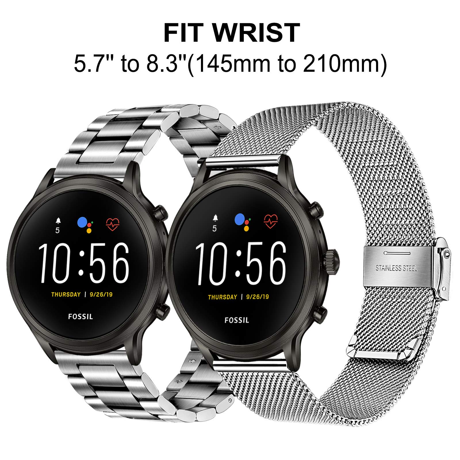 Trumirr Silver Band Sets For Fossil Women 'S Gen 5 Carlyle/Garrett/Julianna Smart Watch, 22Mm Solid Stainless Steel Metal + Mesh