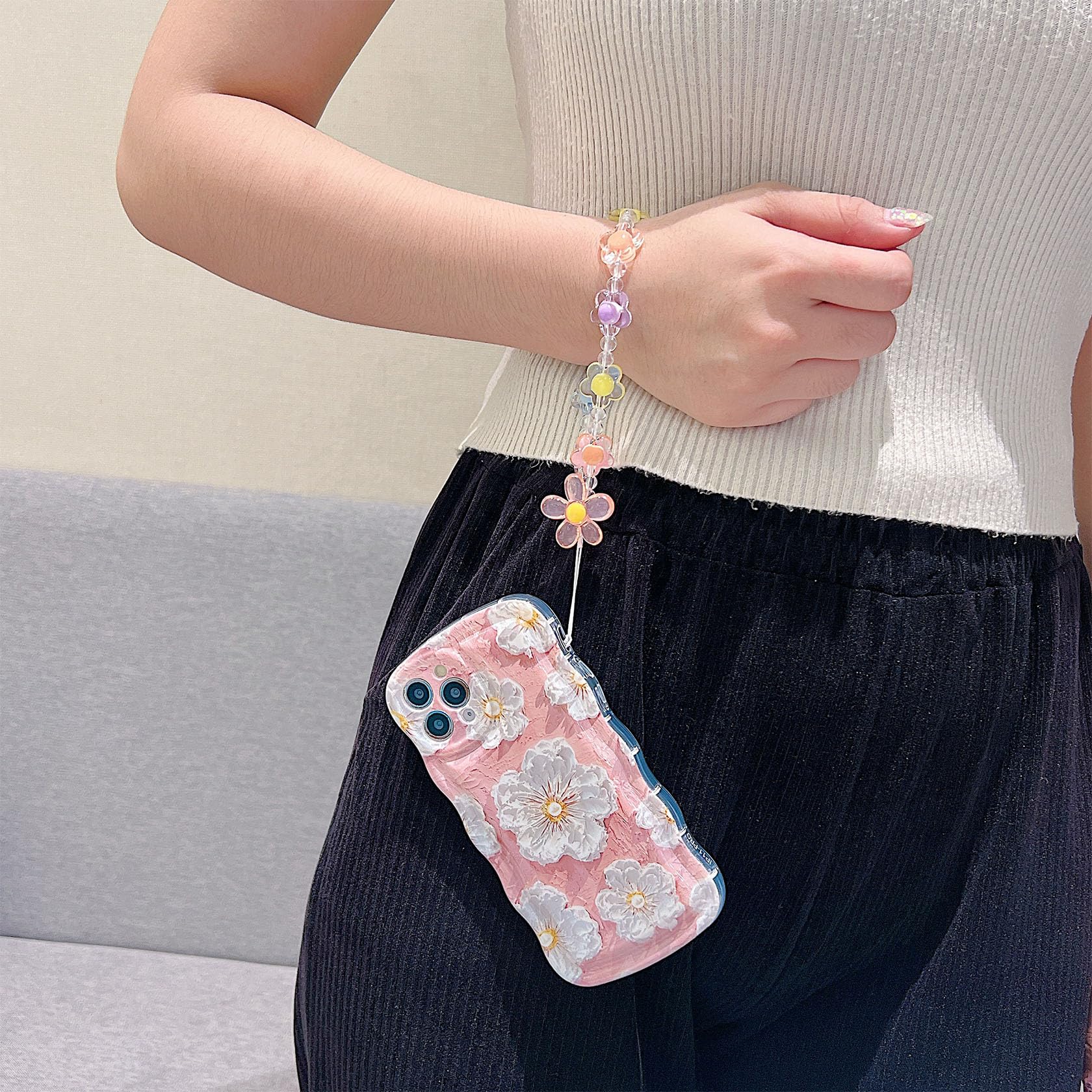 For Iphone 11 Pro Curly Wavy Case, Cute Colorful Retro Oil Painting Flower Glossy Pattern [With Bead Chain], Slim Fit Shockproof