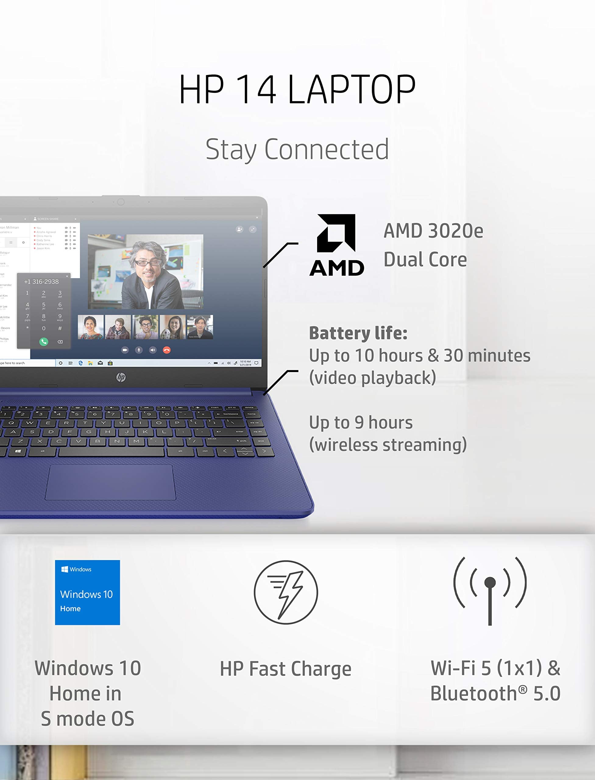 Hp 14 Laptop, Amd 3020E, 4 Gb Ram, 64 Gb Emmc Storage, 14-Inch Hd Touchscreen, Windows 10 Home In S Mode, Long Battery Life, Mic
