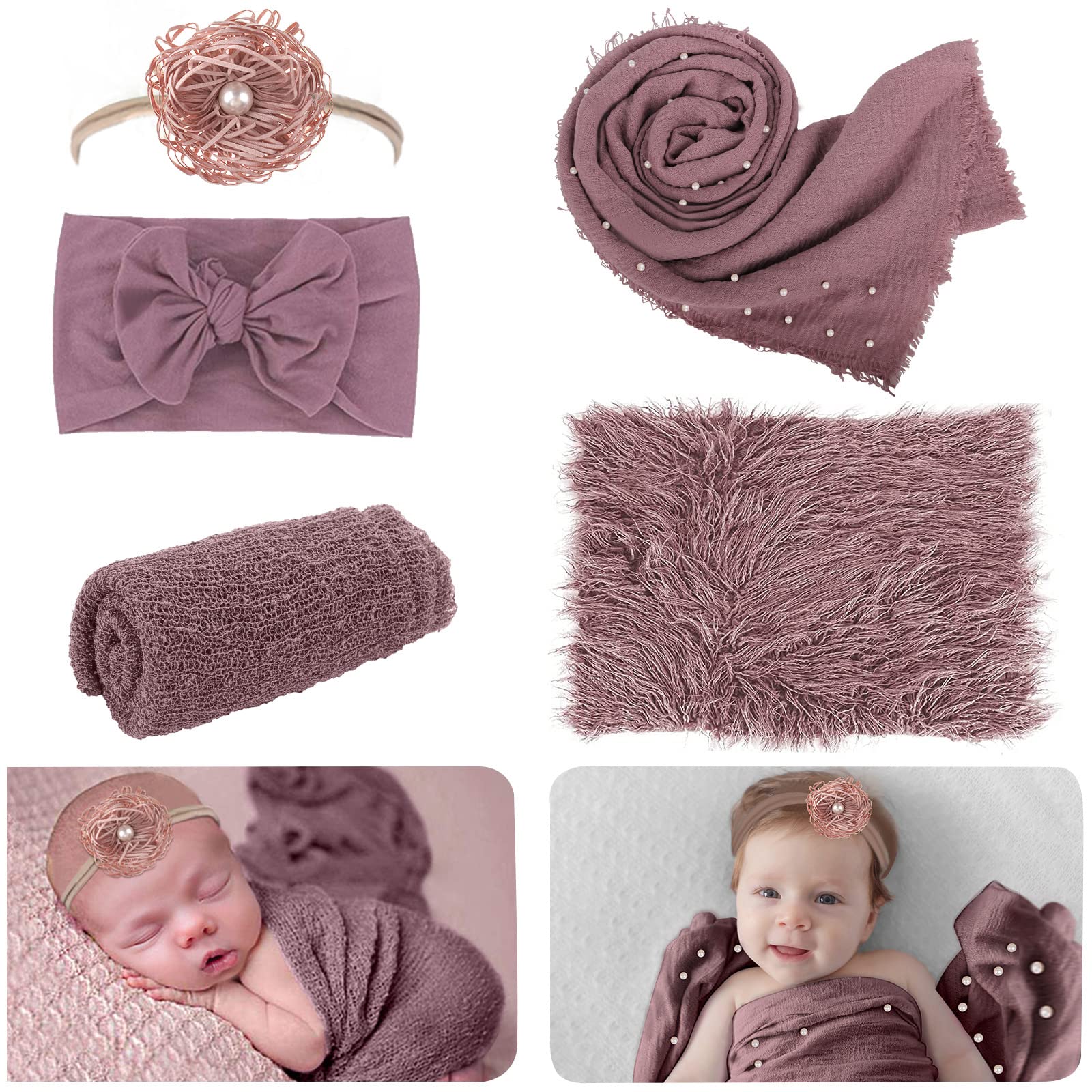 Aoke 5 Pcs Newborn Photography Wrap Props Kit, Newborn Photo Props Long Ripple Wraps Diy Blanket With Flower Headbands, Purple T