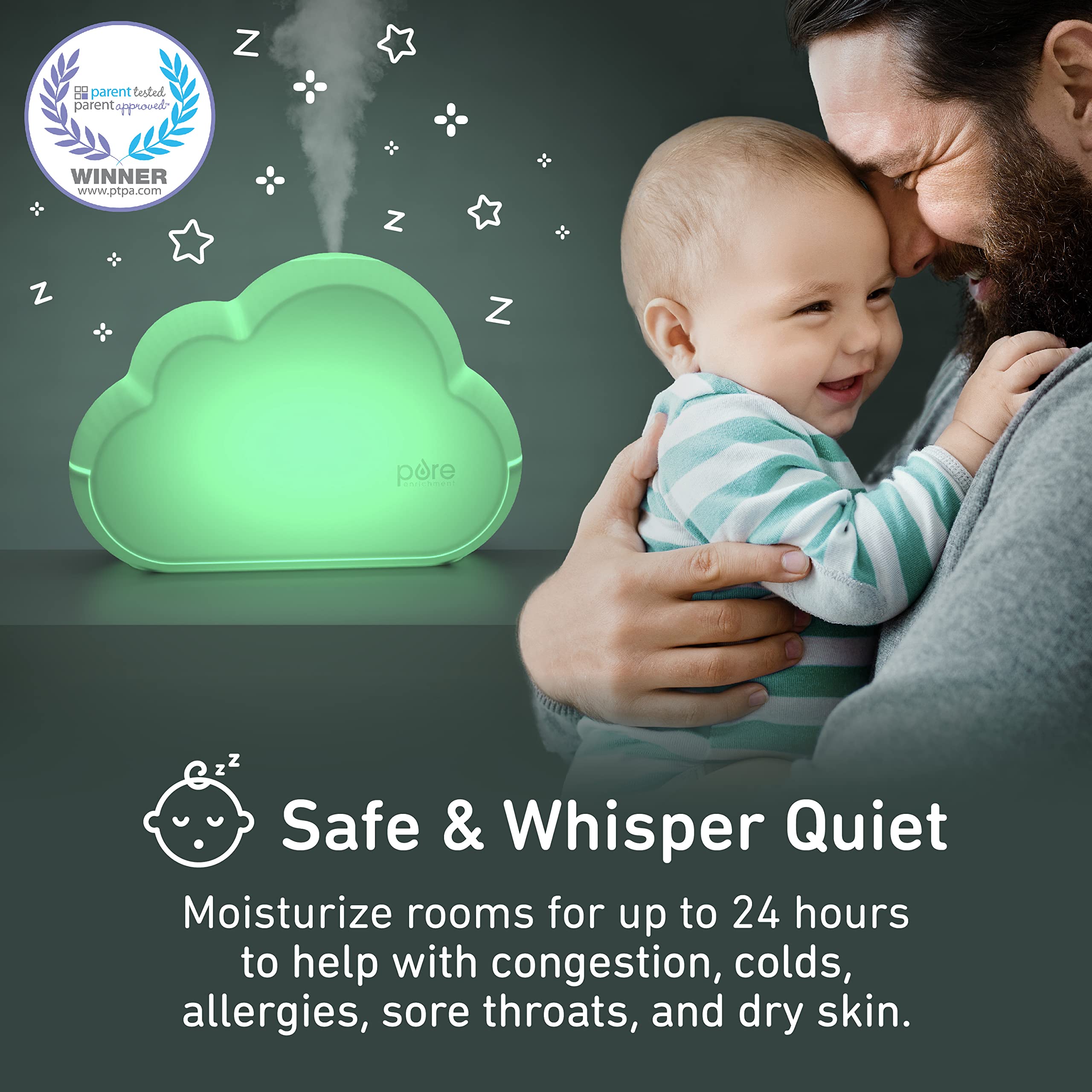 Pure Enrichment    Purebaby    Cloud Ultrasonic Cool Mist Humidifier   Quiet Variable Mist For Up To 24 Hrs, Color Night Light,