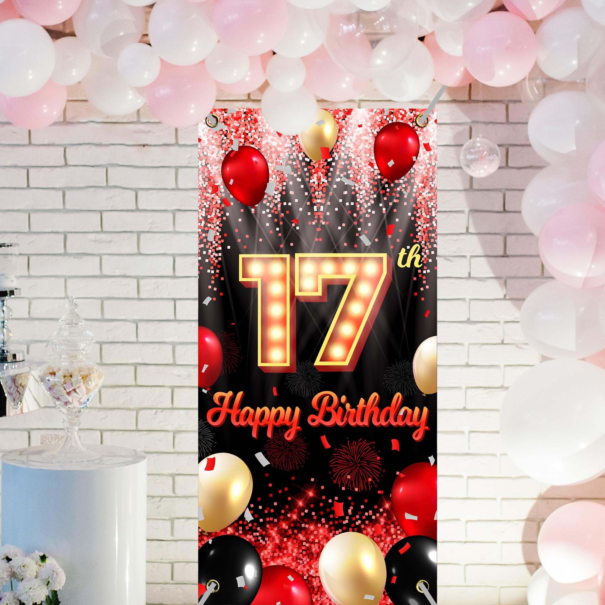 Happy 17Th Birthday Backdrop Banner Black And Red Theme Background With Neon Shiny Fashion Birthday Party Photo Photography Prop