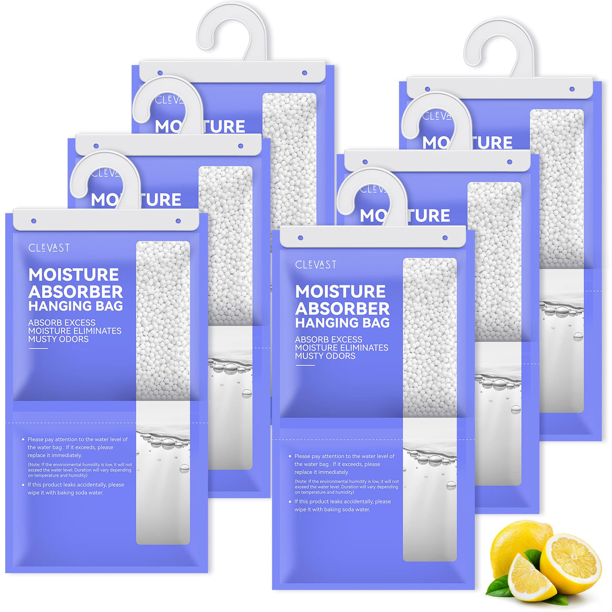 Clevast Moisture Absorbers Packets 6 Pack, Lemon Fragrance Big Dehumidifier Bags For Closet, Hanging Humidity Absorber In Wardro