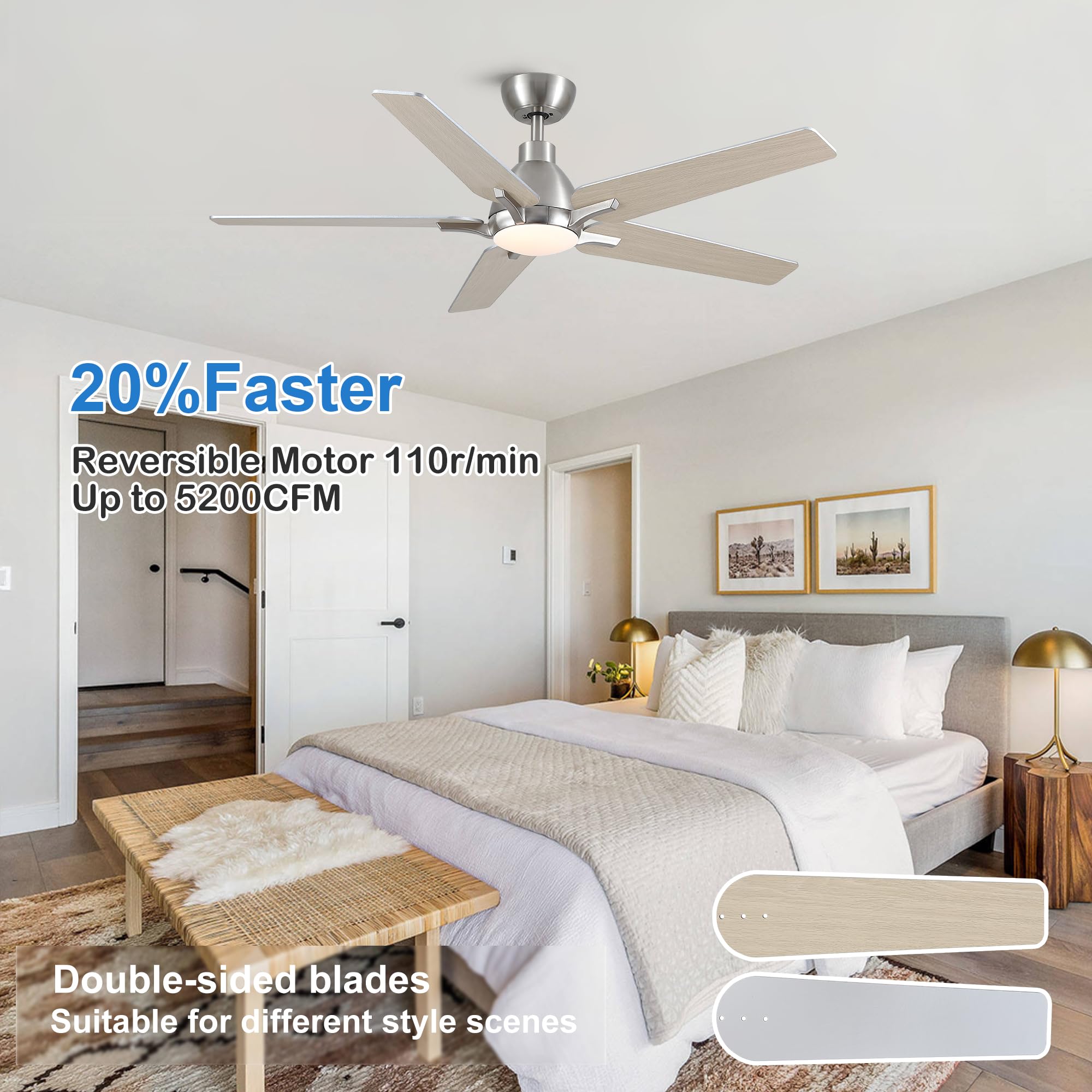 Putroad 52 Inch Ceiling Fans With Lights And Remote, Brushed Nickel Modern Ceiling Fan For Bedroom, Living Room, Dining Room, Pa