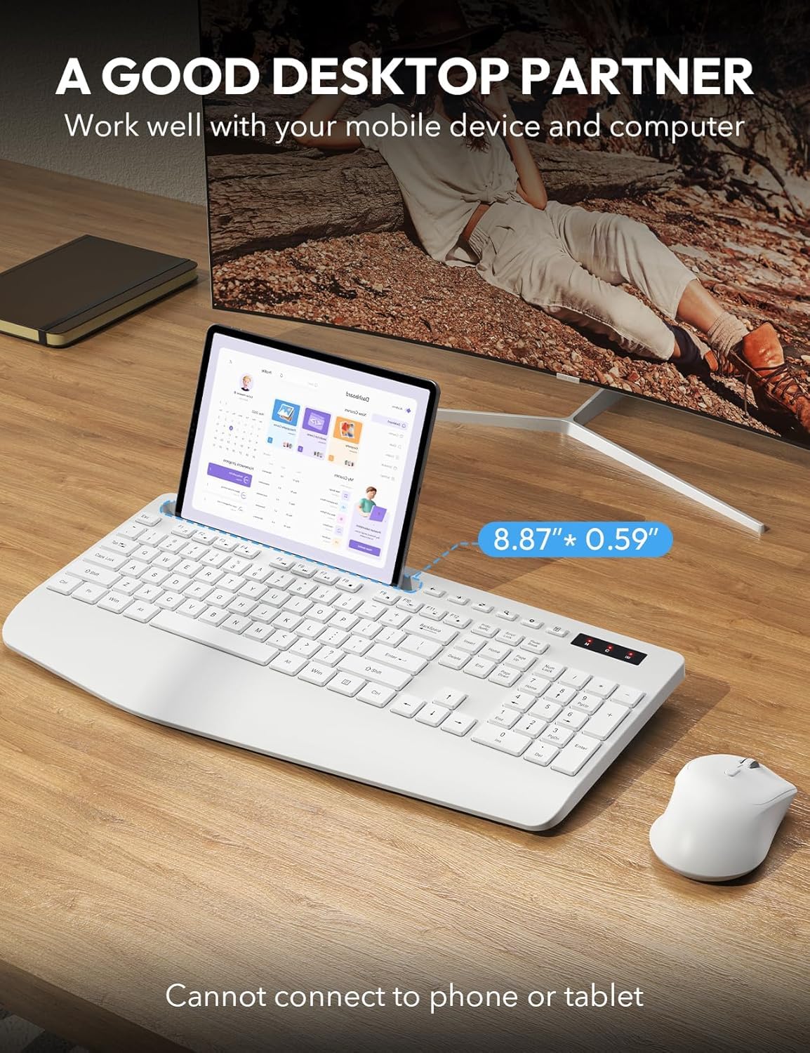 Sablute Wireless Keyboard And Mouse, Wrist Rest, Phone Holder, Batteries Included, 2.4G Lag-Free Ergonomic Keyboards Mouse Combo