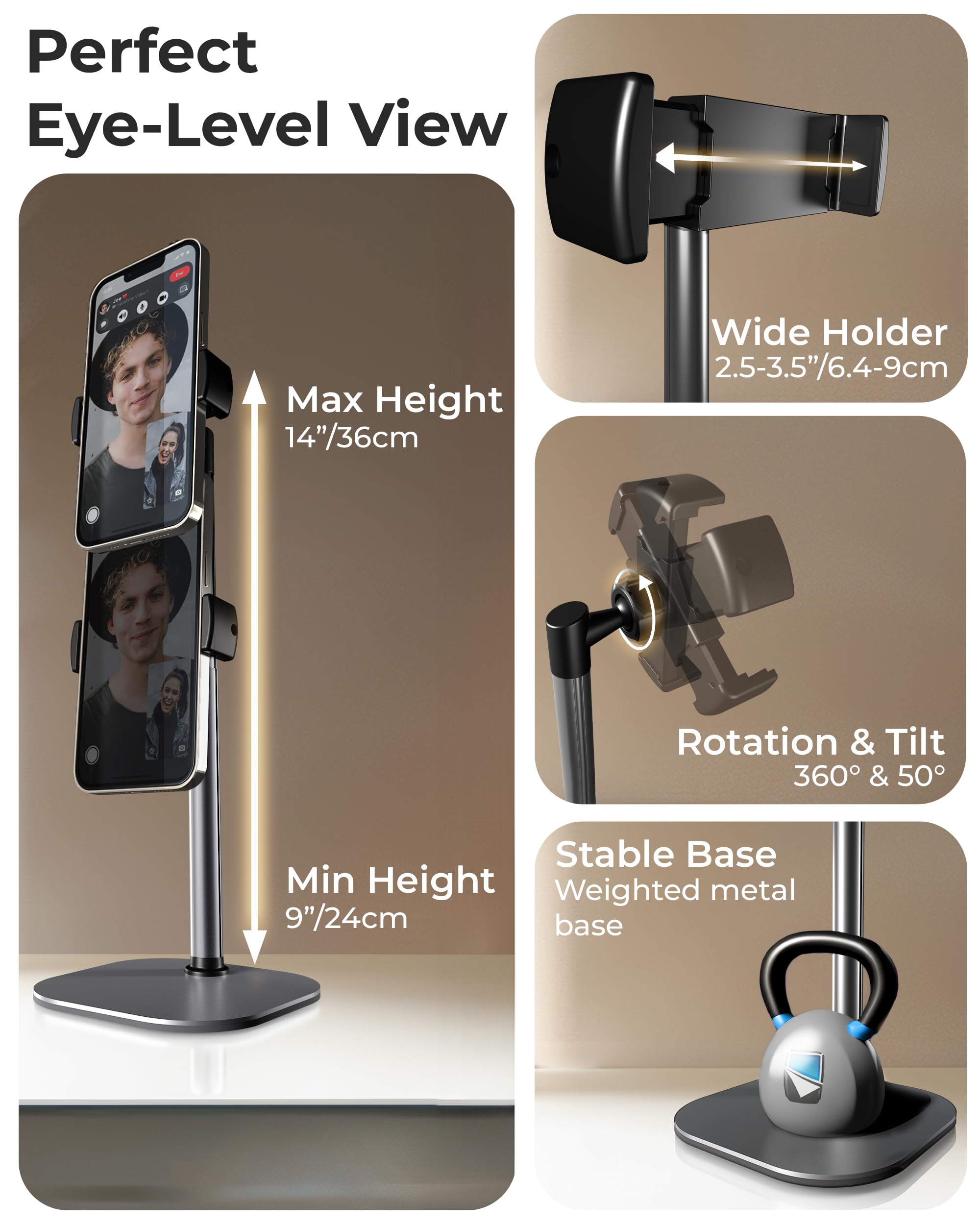 Cooper Chat Stand, Height Adjustable Cell Phone Stand For Desk | Rotating, Tilting Cell Phone Holder For Desk With 9 14'' Eye Le