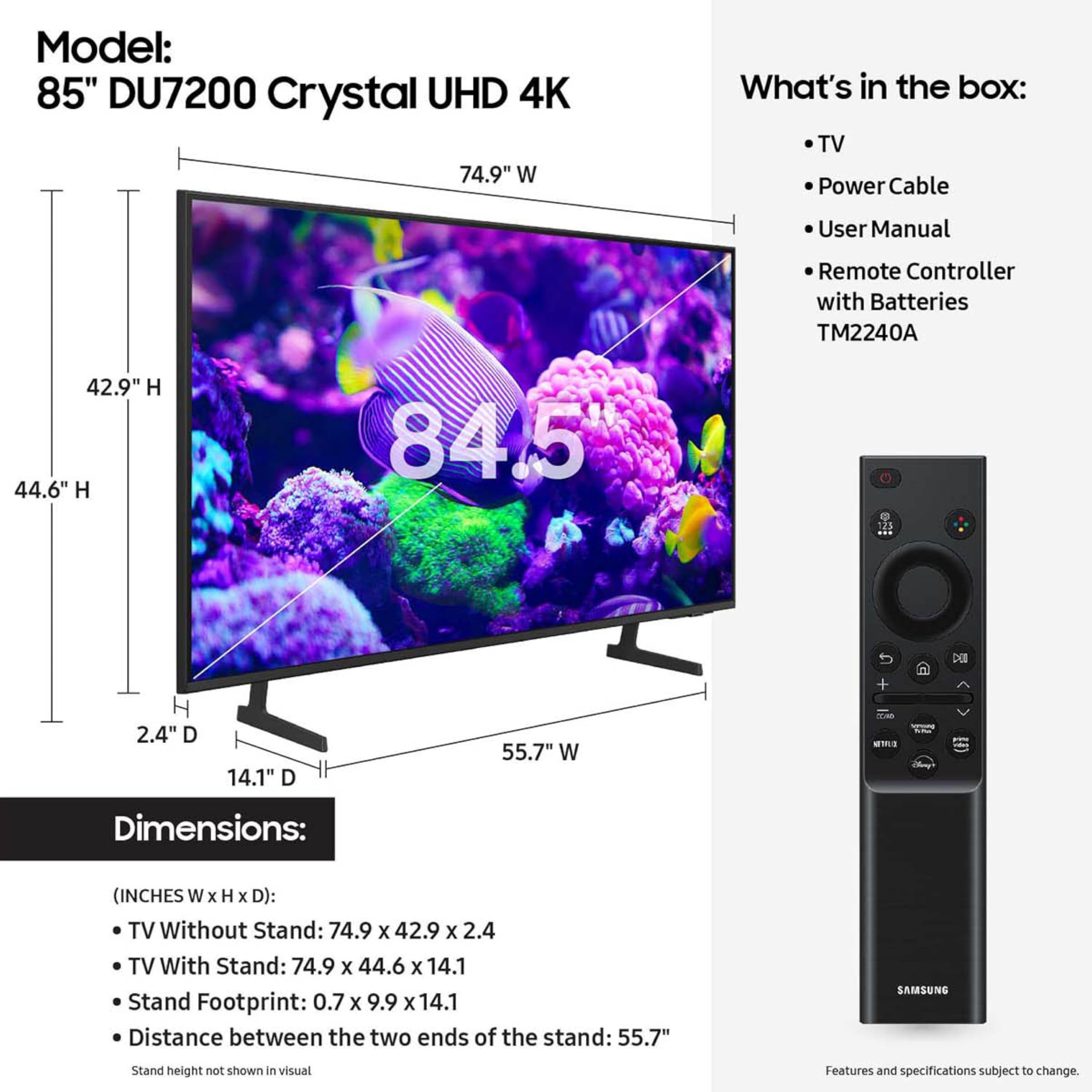 Samsung 85-Inch Class Crystal Uhd 4K Du7200 Series Hdr Smart Tv W/Object Tracking Sound Lite, Purcolor, Motion Xcelerator, Mega