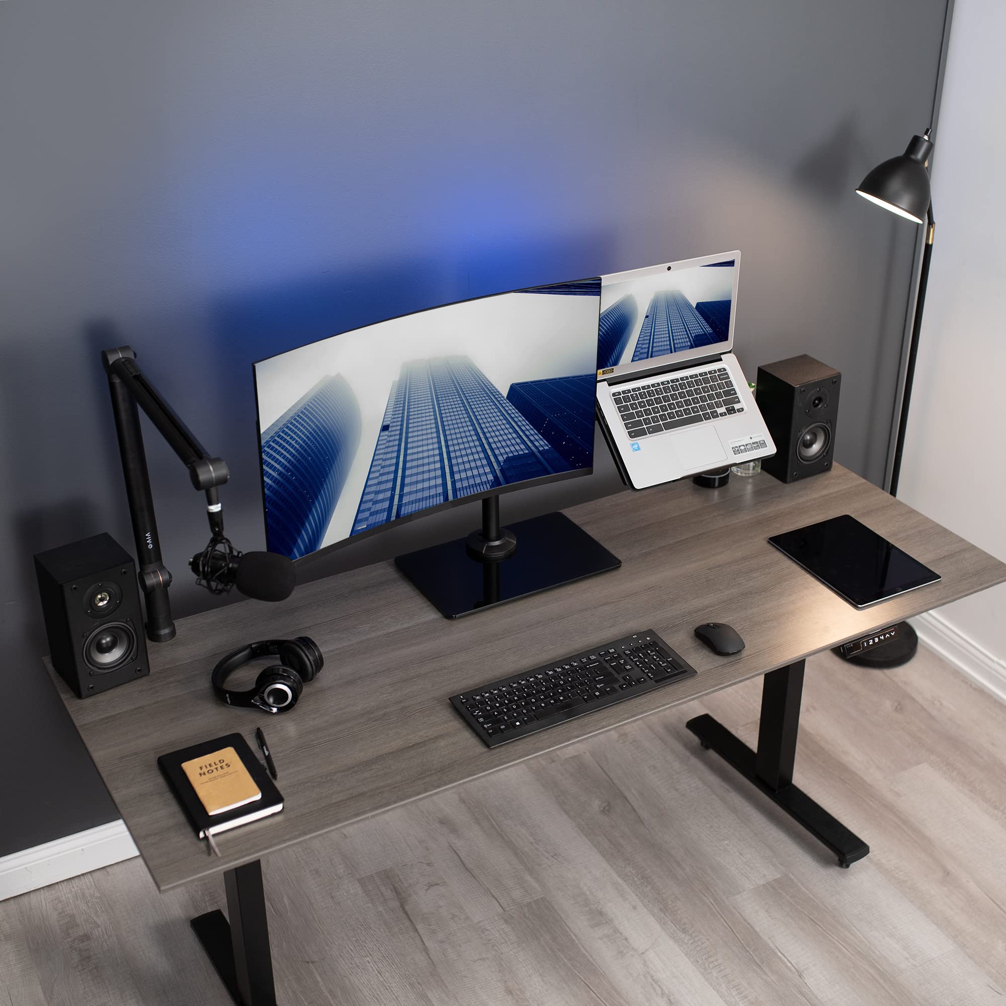 VIVO Free Standing Single Computer Monitor and Laptop Combo Desk Stand with Sleek Glass Base, Fits up to 32 inch Monitors and 17 inch Laptops, Black, STAND V002FGL