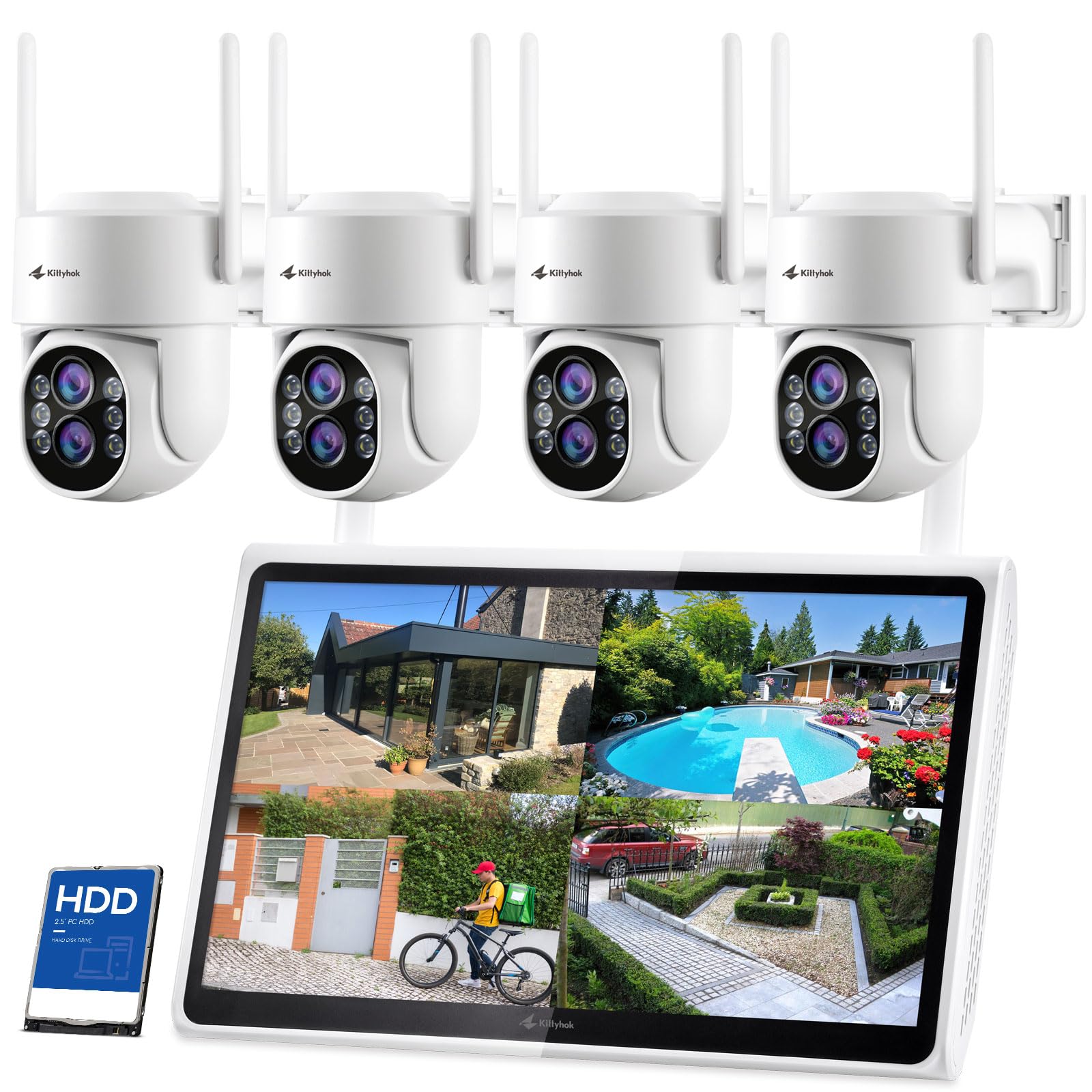 Kittyhok Wireless Security Camera System Outdoor With Monitor | 4Pcs 2K Dual Lens Ptz Security Cameras, 10X Mixed Zoom, Auto Tracking, Human Detection, Spotlight | 10Ch Nvr With 10' Monitor, 500Gb Hdd